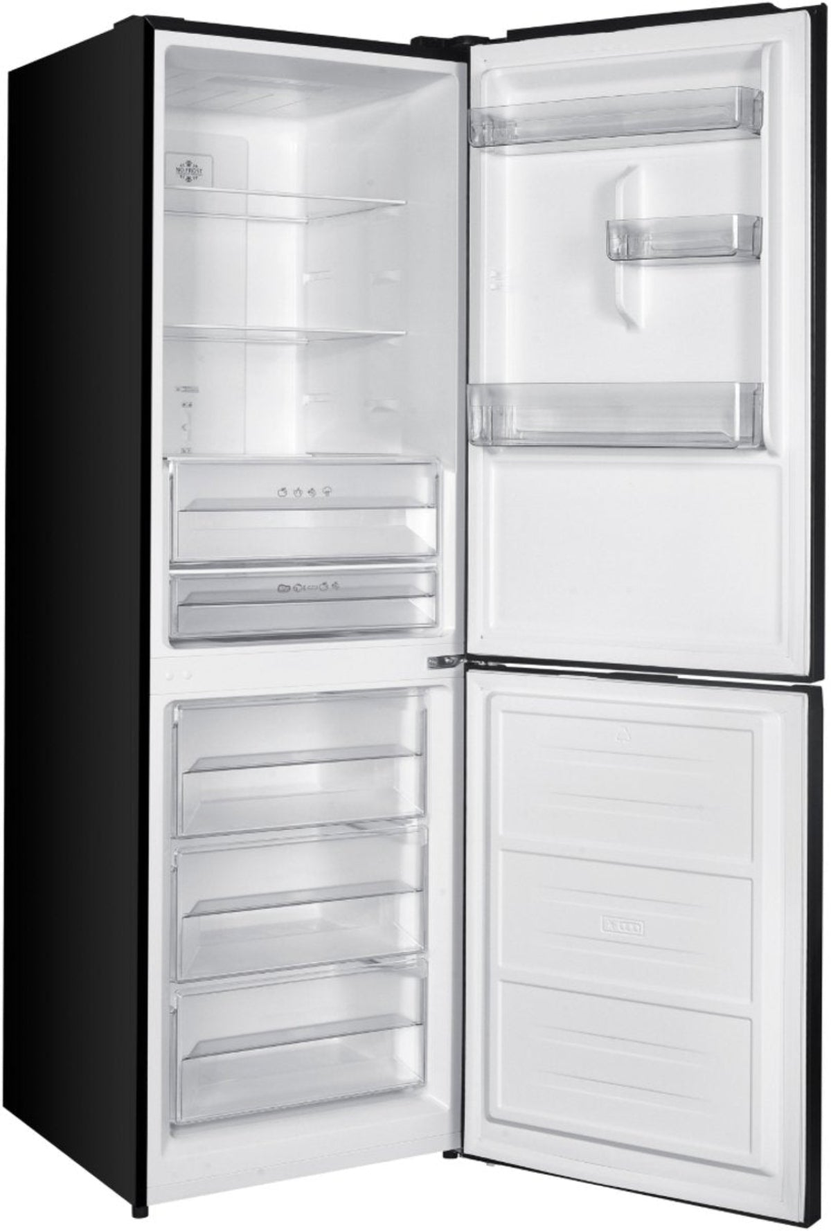 Black refrigerator with open doors, showing shelves, drawers, and compartments. White interior.