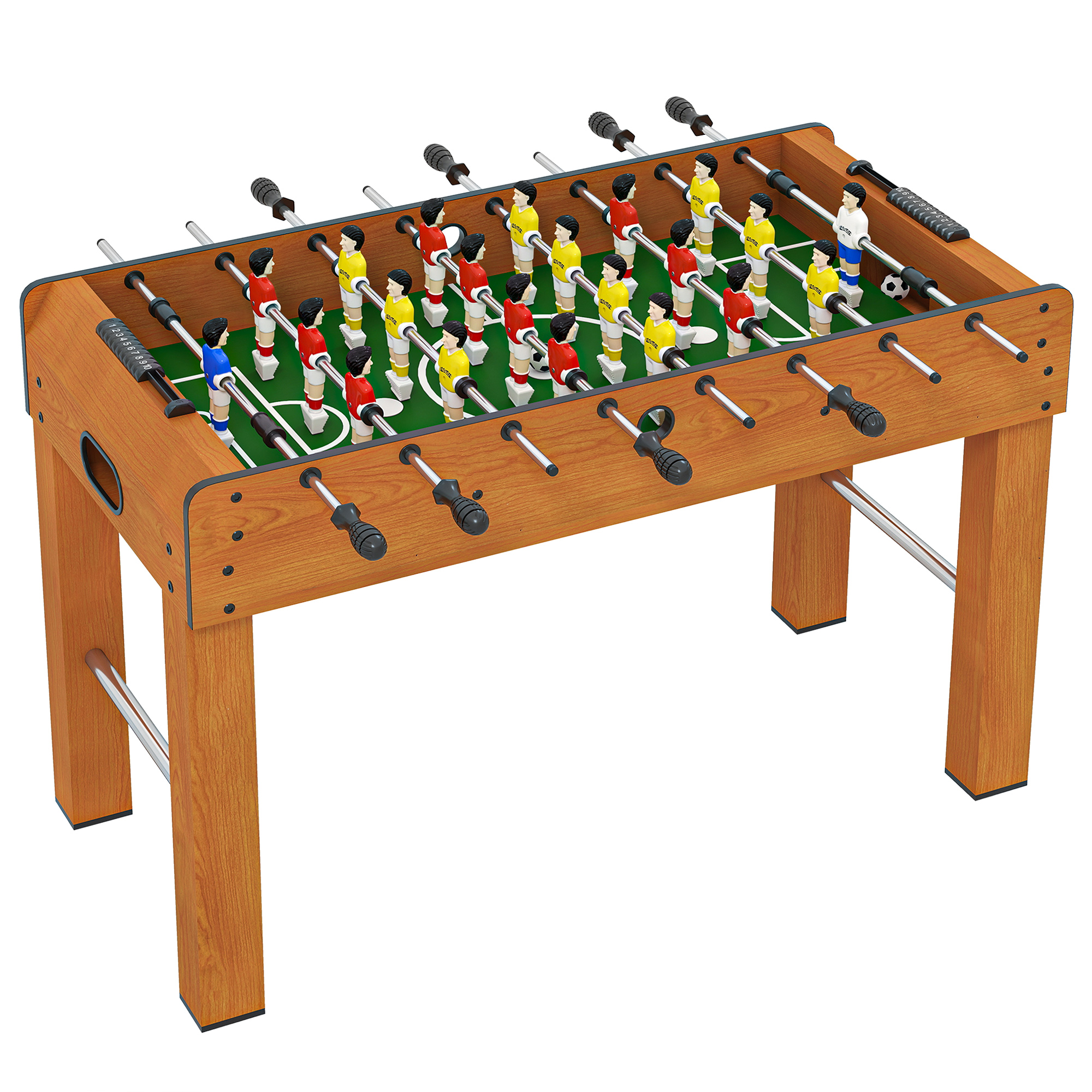 Un calcio balilla con giocatori rossi, gialli e blu. Il tavolo è marrone, con campo verde e maniglie nere.