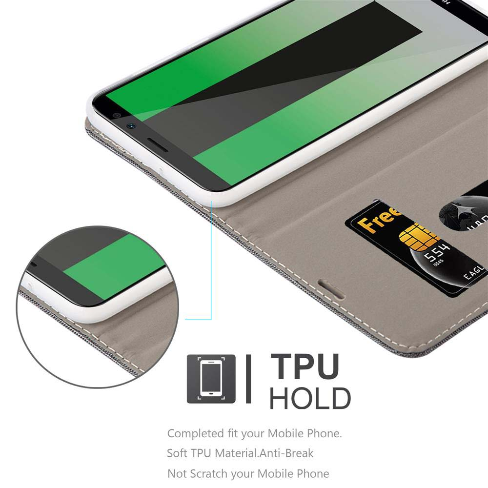 Ein Telefon in einer Hülle mit Kartenfach. Der Bildschirm des Telefons ist grün. Text unten sagt TPU HOLD und erwähnt Mobiltelefon.