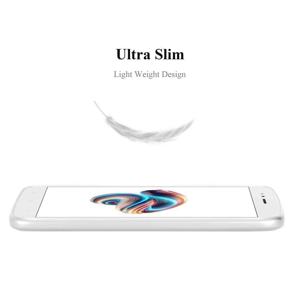 Ein weißes Smartphone mit farbigem Bildschirm wird angezeigt. Oben steht Ultra Slim, Light Weight Design und eine Feder.