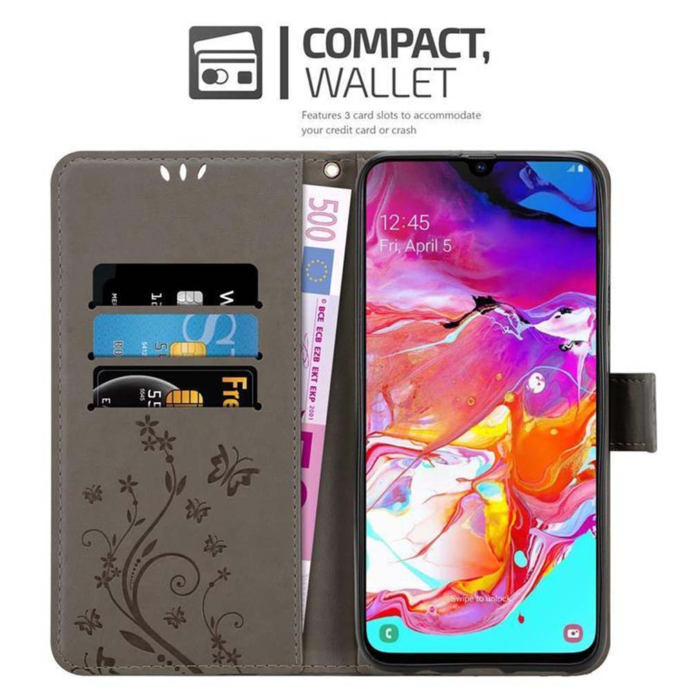 Un portafoglio per custodia del telefono è aperto, rivelando un telefono con display colorato, carte di credito e una banconota da 500 euro. L'ora è 12:45.