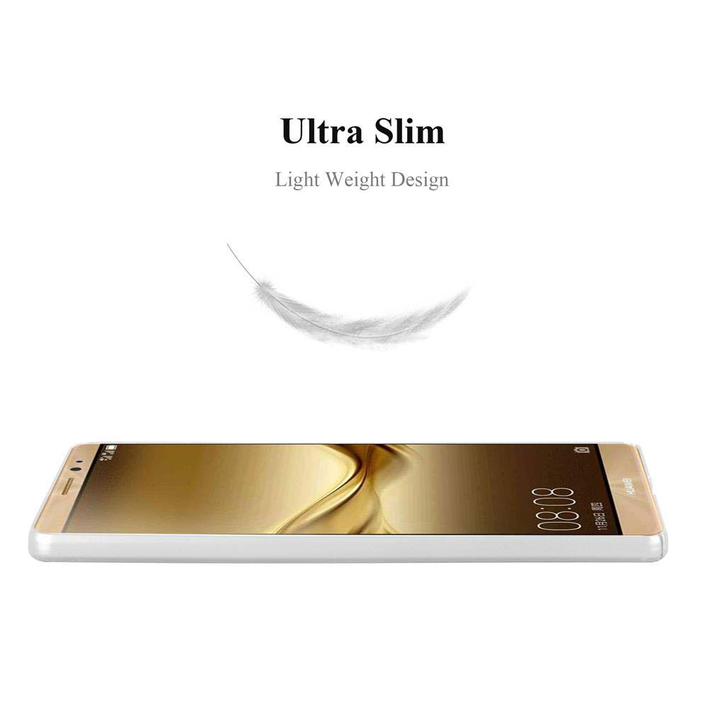 Un teléfono inteligente dorado con marco blanco. La pantalla muestra la fecha y la hora. Arriba dice "Ultra Slim", "Light Weight Design".