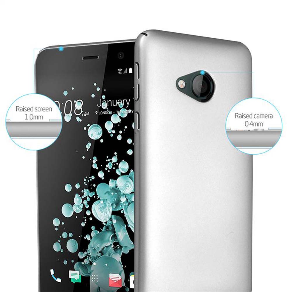 Ein Smartphone mit schwarzem Bildschirm und grauem Rücken. Anmerkungen heben den erhöhten Bildschirm und die Kamera hervor.
