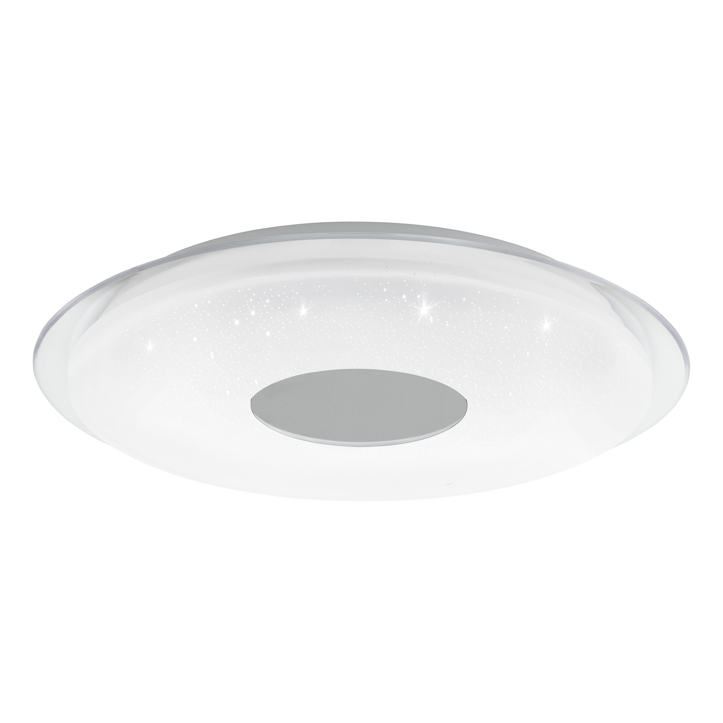 Eine weiße, runde Deckenlampe mit Sternenmuster in der Mitte und einem grauen Mittelstück.