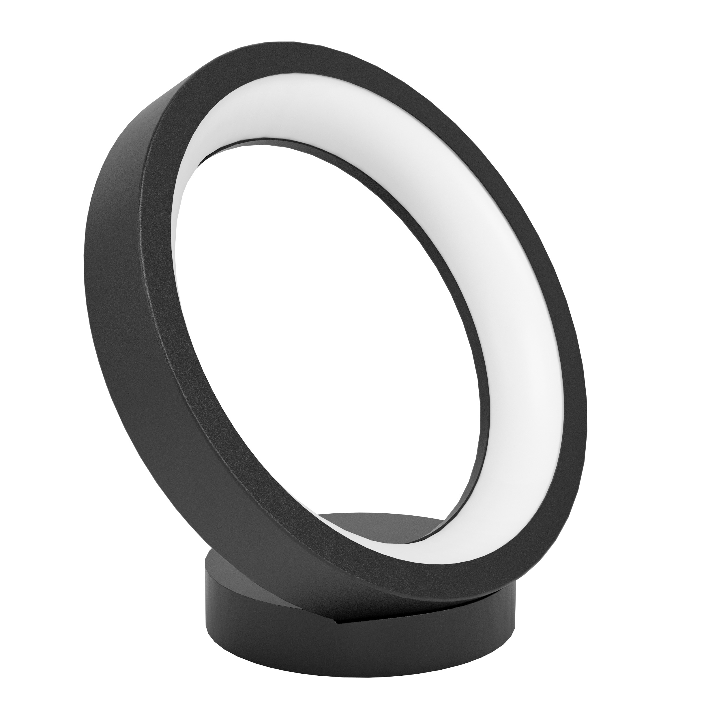 Eine moderne schwarze Lampe mit kreisförmiger Lichtquelle, die auf einem Sockel steht, vor weißem Hintergrund.