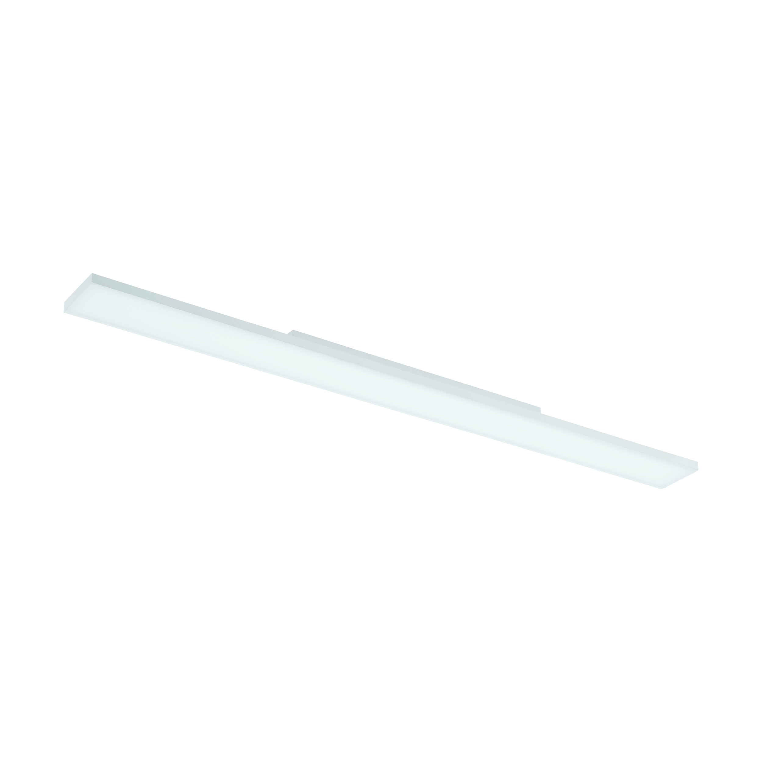 Una luminaria LED rectangular blanca suspendida sobre un fondo blanco.