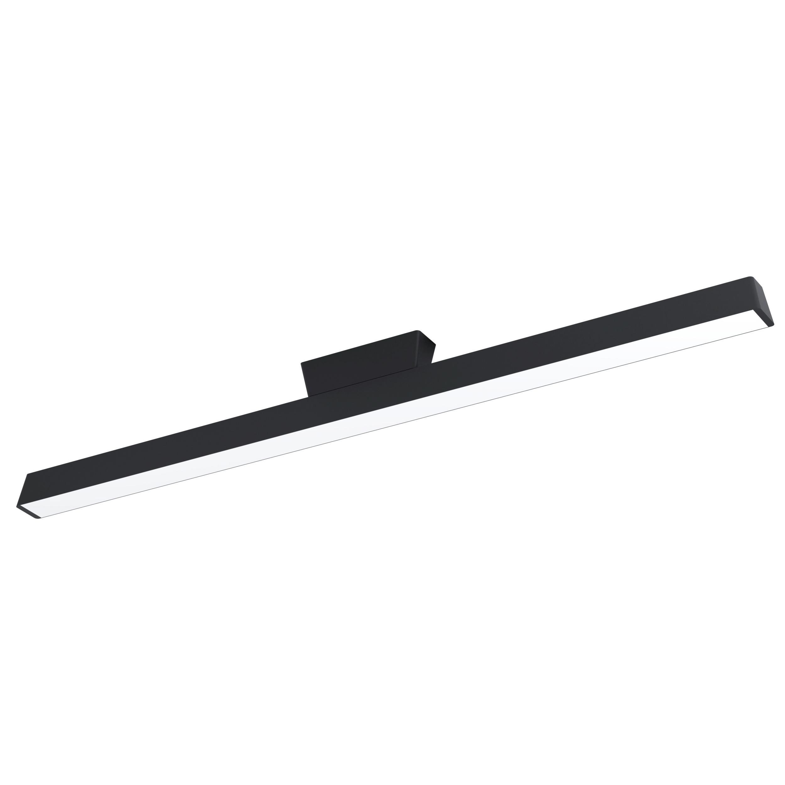 Un lungo apparecchio a LED nero, con una striscia luminosa bianca, su sfondo bianco.