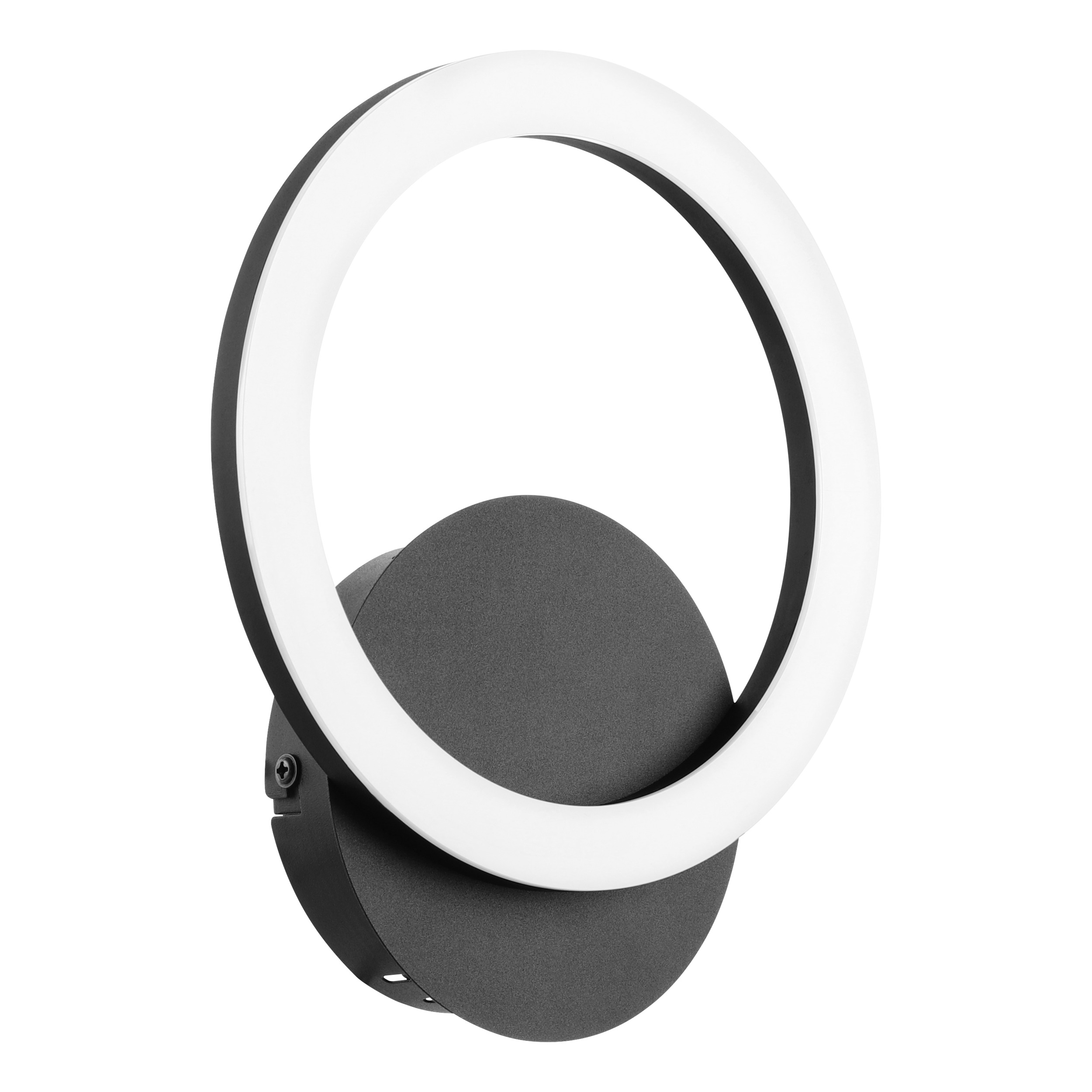 Una moderna lampada da parete con un anello bianco illuminato e una base circolare grigio scuro.