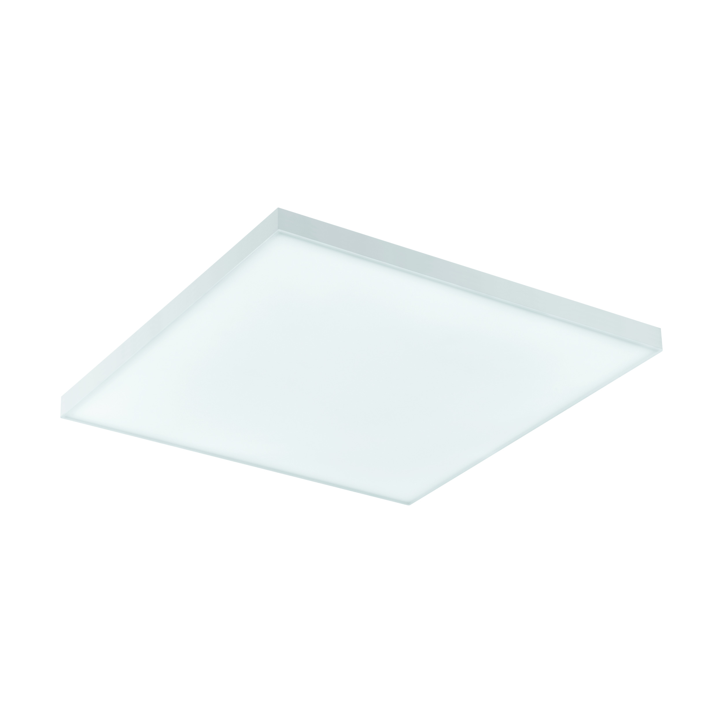 Luz de techo LED cuadrada. El marco blanco rodea la superficie emisora. Aislada sobre fondo blanco.