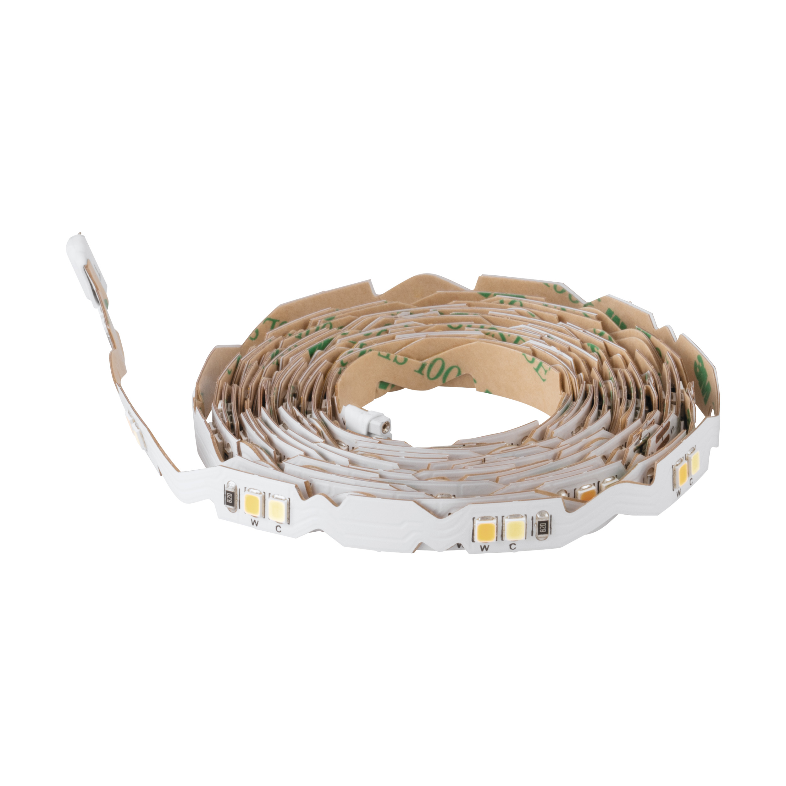 Una striscia LED arrotolata su sfondo bianco. Ha un retro adesivo ed è pronta per l'installazione.