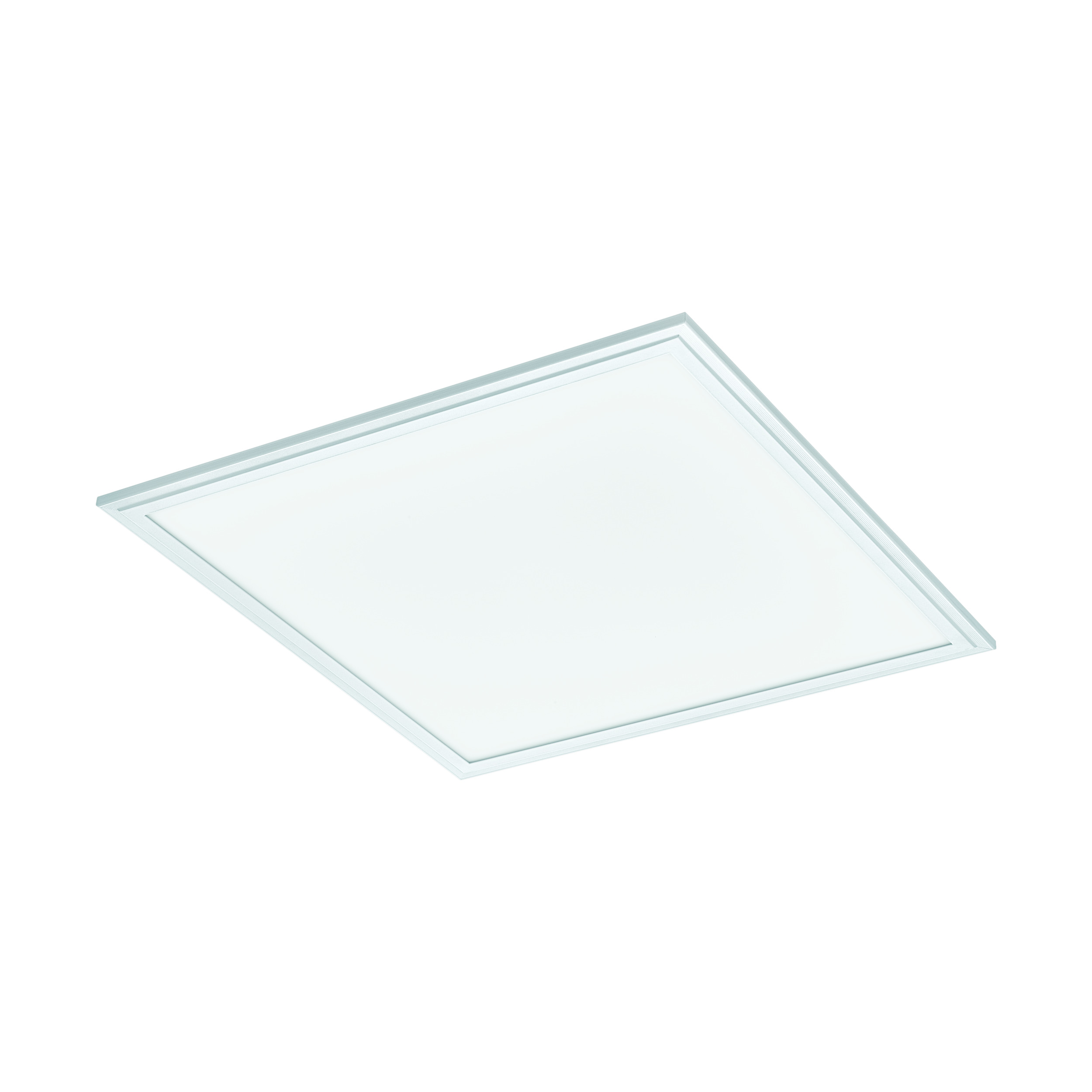 Plafoniera LED quadrata bianca con cornice argentata, leggermente inclinata, su sfondo bianco.
