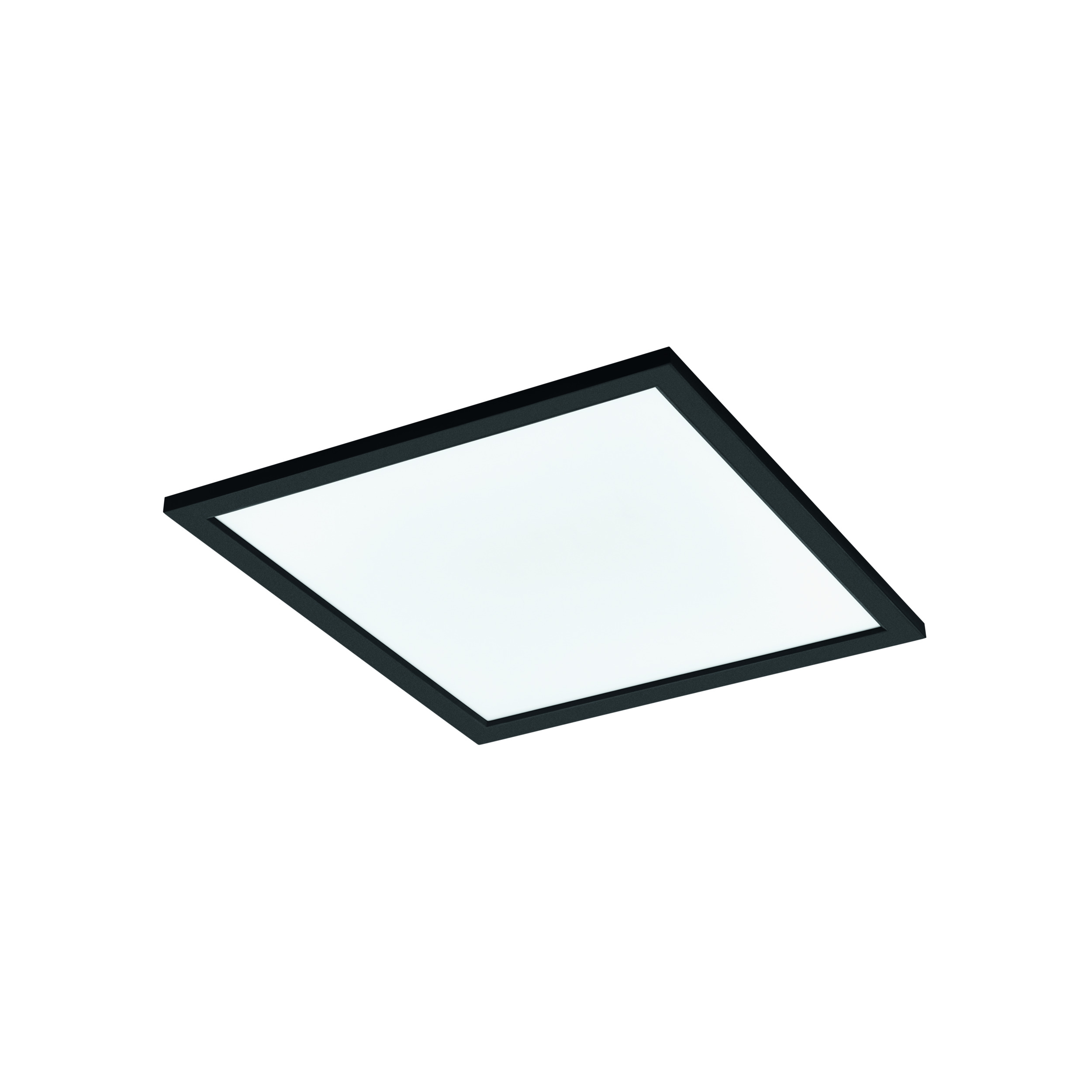 Luce da soffitto quadrata con cornice nera e centro bianco, isolata su sfondo bianco.