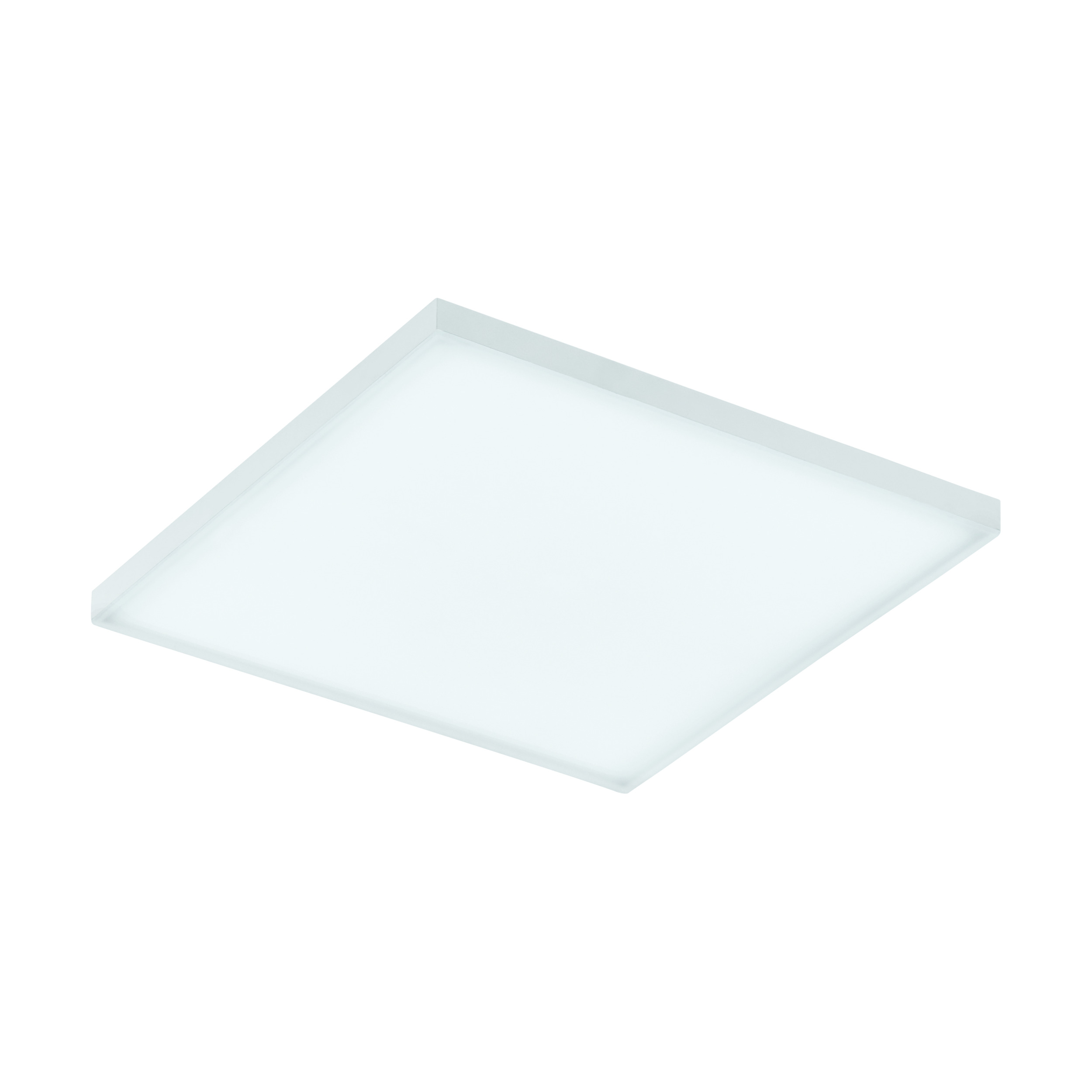 Plafoniera LED quadrata bianca, leggermente angolata, su sfondo bianco.