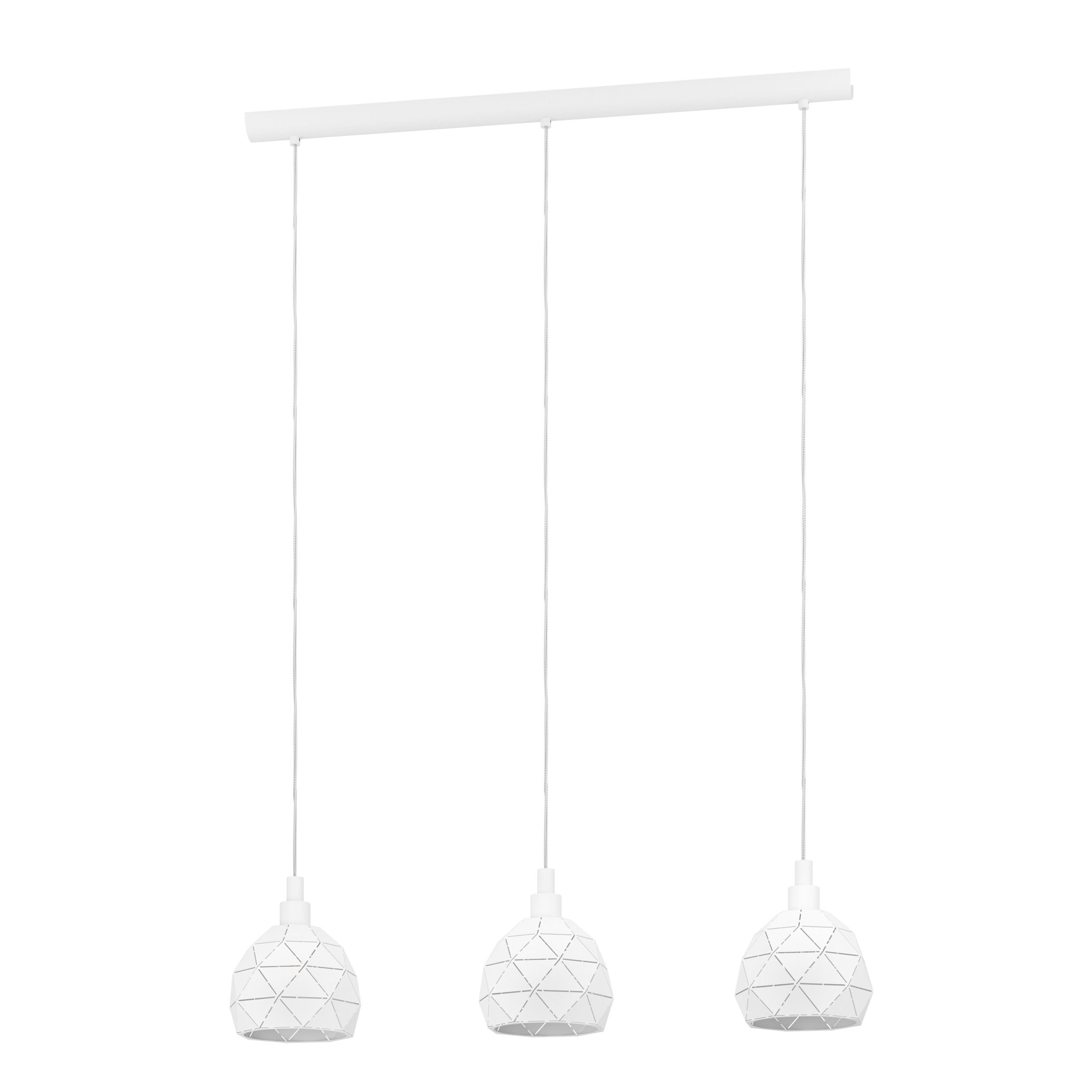 Drei weiße Pendelleuchten mit geometrischen Schirmen hängen von einer weißen Stange vor weißem Hintergrund.
