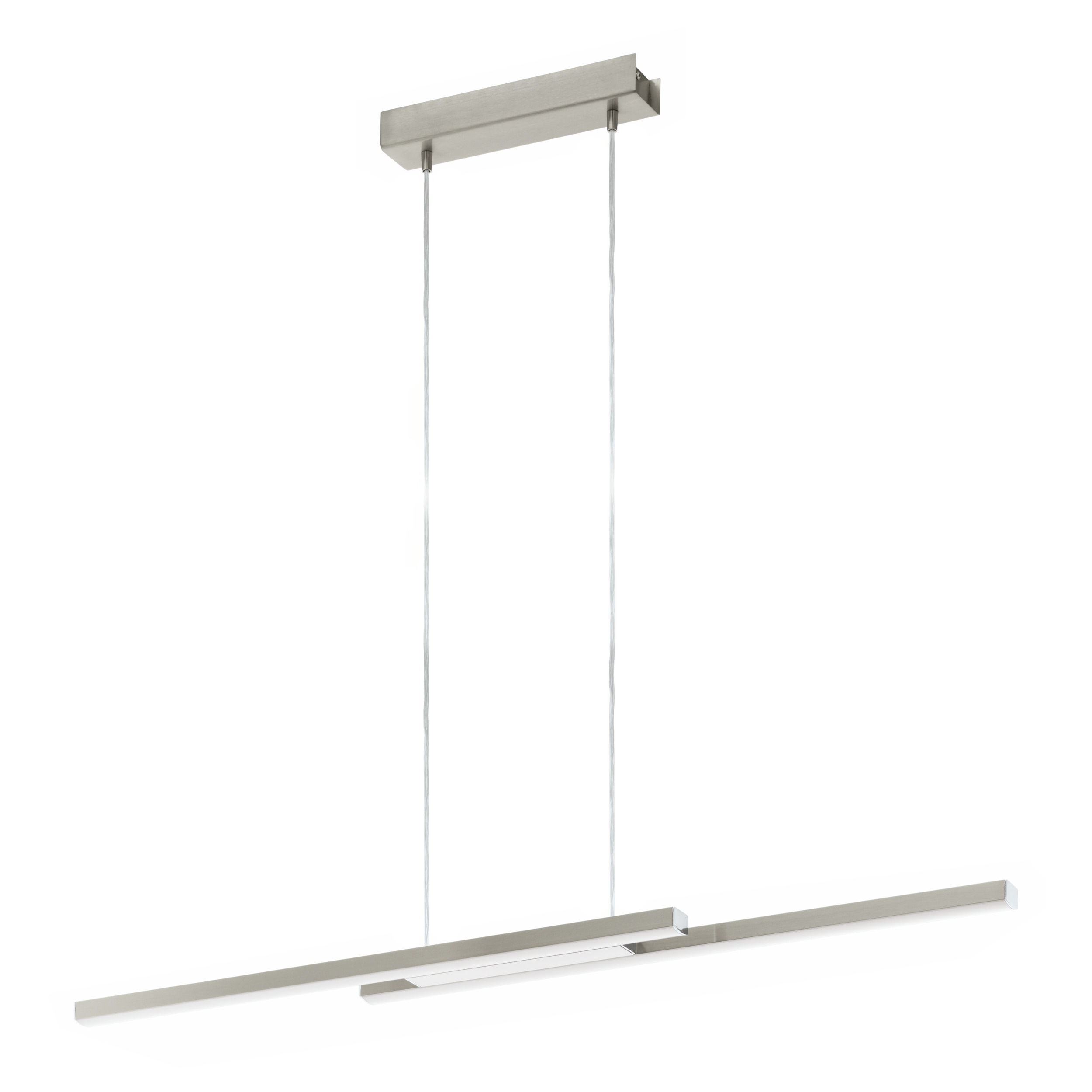 Eine moderne, metallische Deckenlampe. Sie hat einen rechteckigen Sockel, zwei Kabel und einen horizontalen Balken mit Licht.