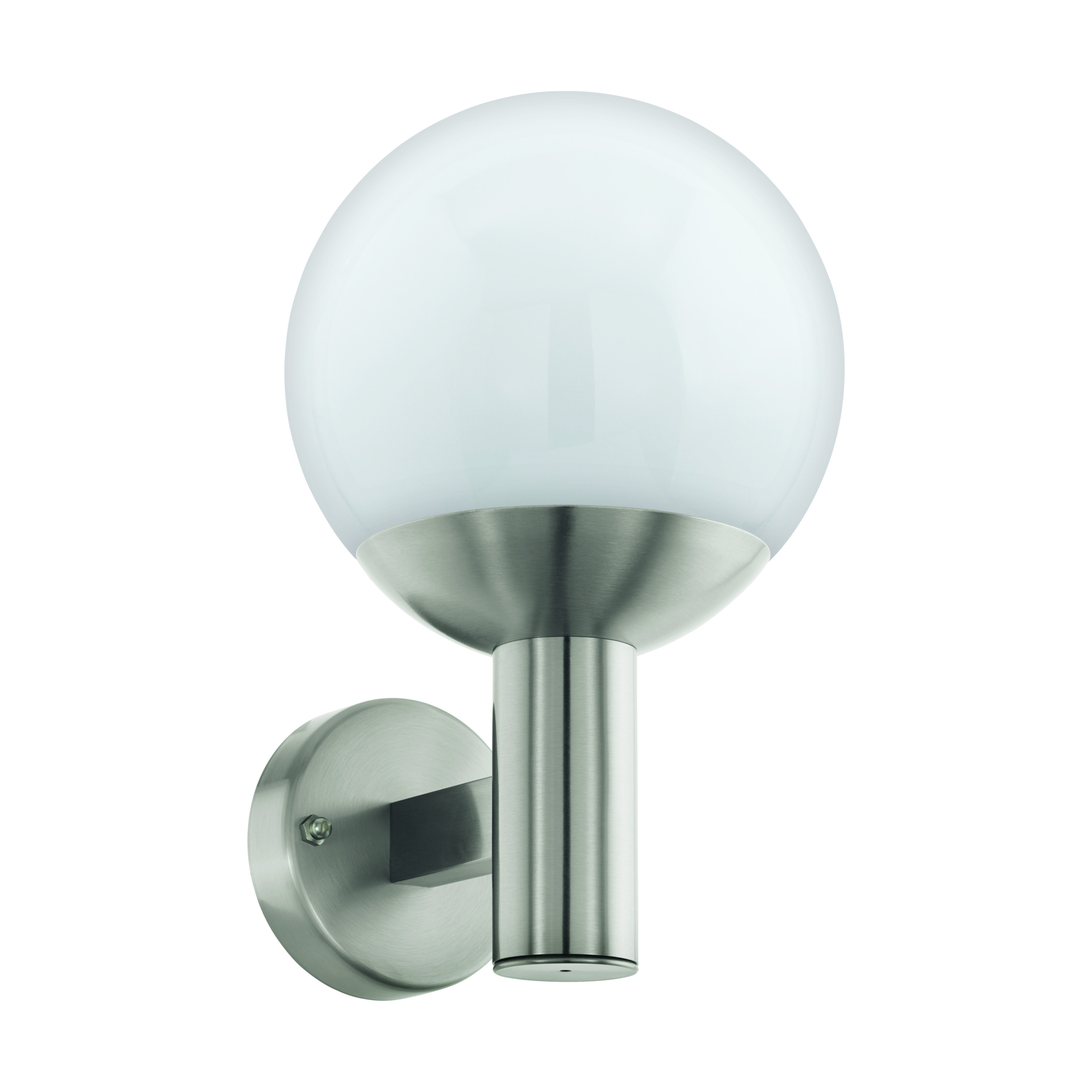 Eine moderne Wandlampe. Sie hat einen runden weißen Glaskolben auf einem metallischen, zylindrischen Träger.