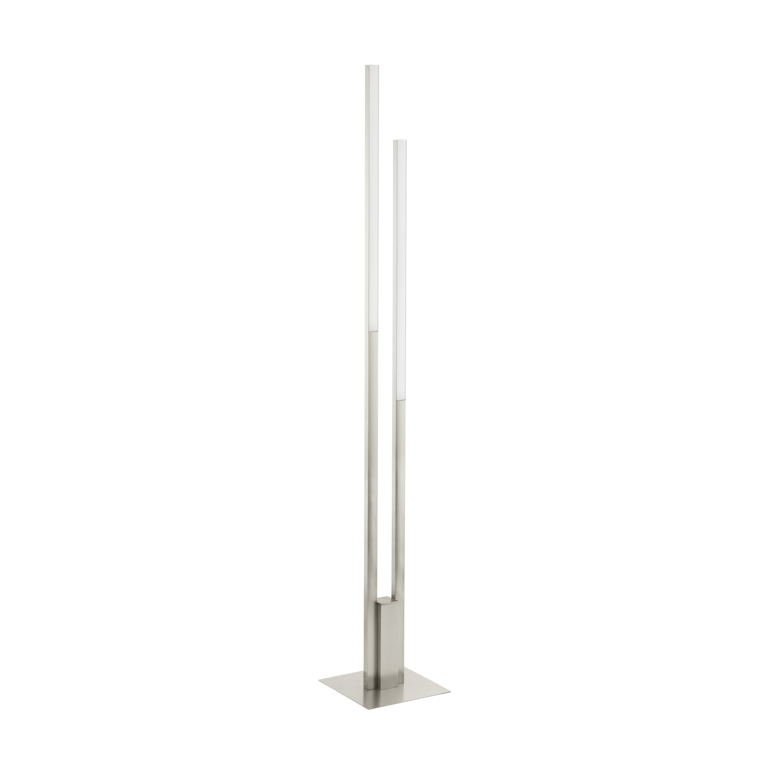 Eine moderne Stehlampe mit zwei vertikalen Lichtbalken. Der Sockel ist quadratisch, der Hintergrund ist weiß.