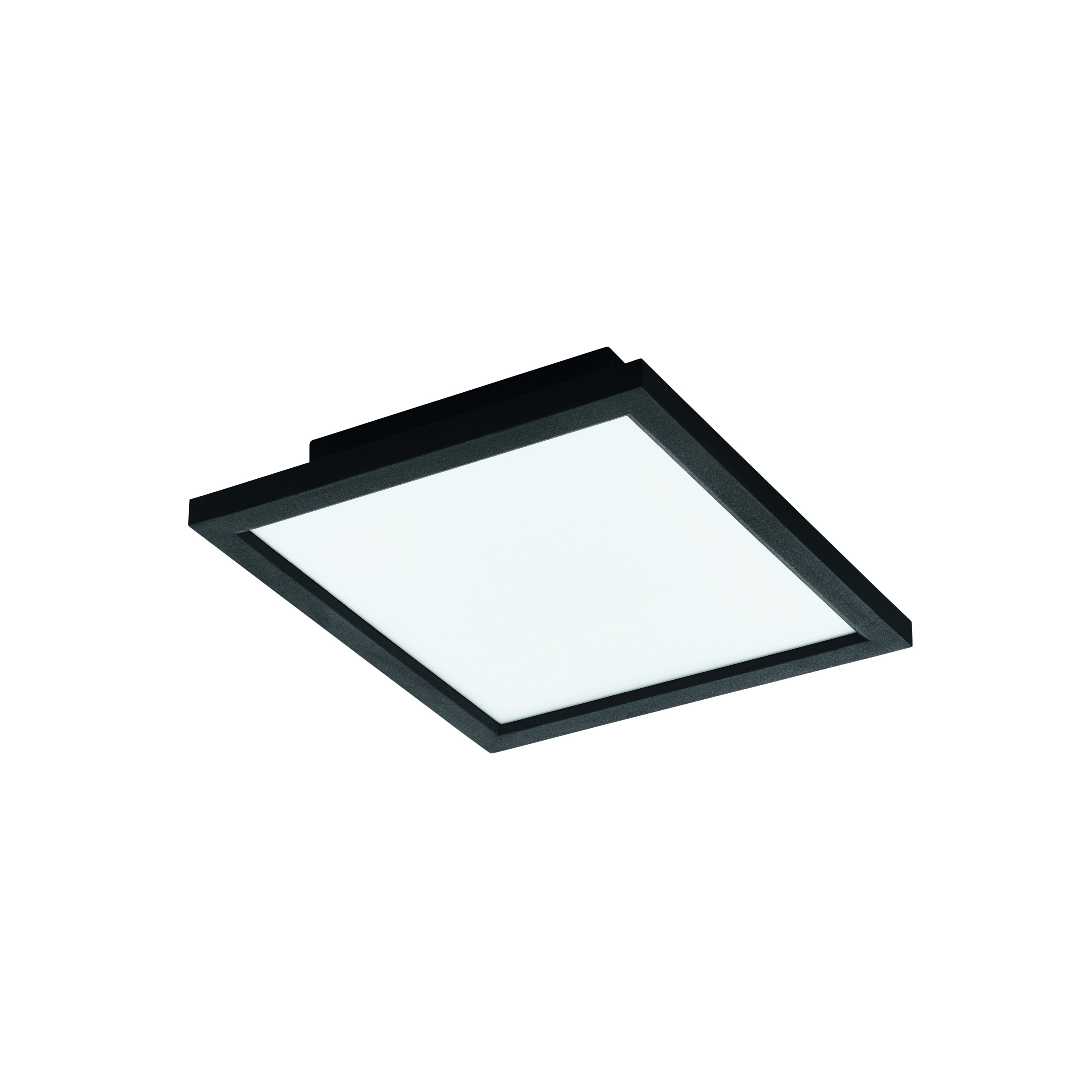 Una plafoniera quadrata con cornice nera e pannello luminoso bianco, isolata su sfondo bianco.