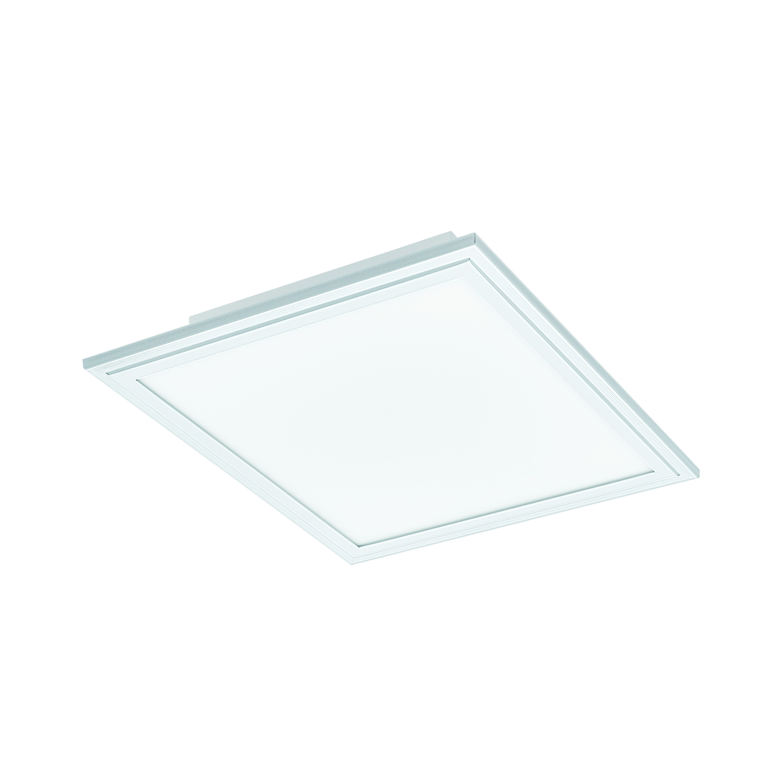 Un apparecchio di illuminazione a soffitto quadrato e bianco con cornice bianca. Lo sfondo è bianco.