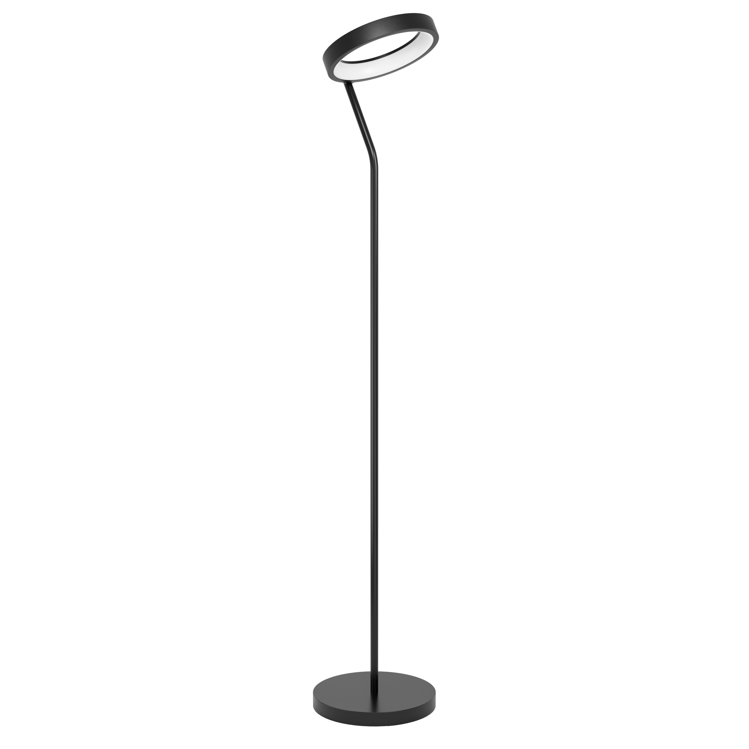 Eine moderne schwarze Stehlampe mit kreisförmigem Licht oben, vor weißem Hintergrund.