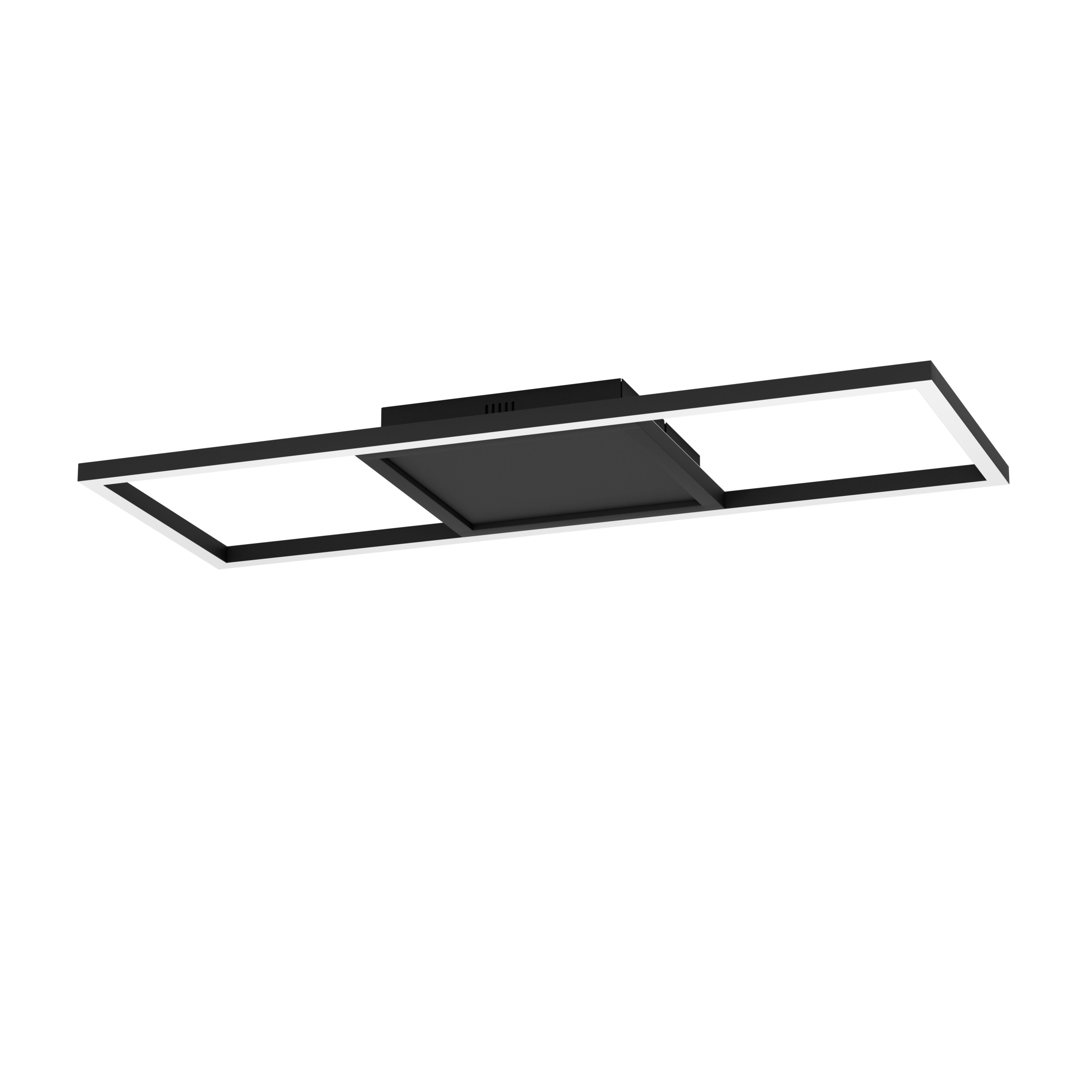 Eine moderne schwarz-weiße Deckenleuchte vor weißem Hintergrund.