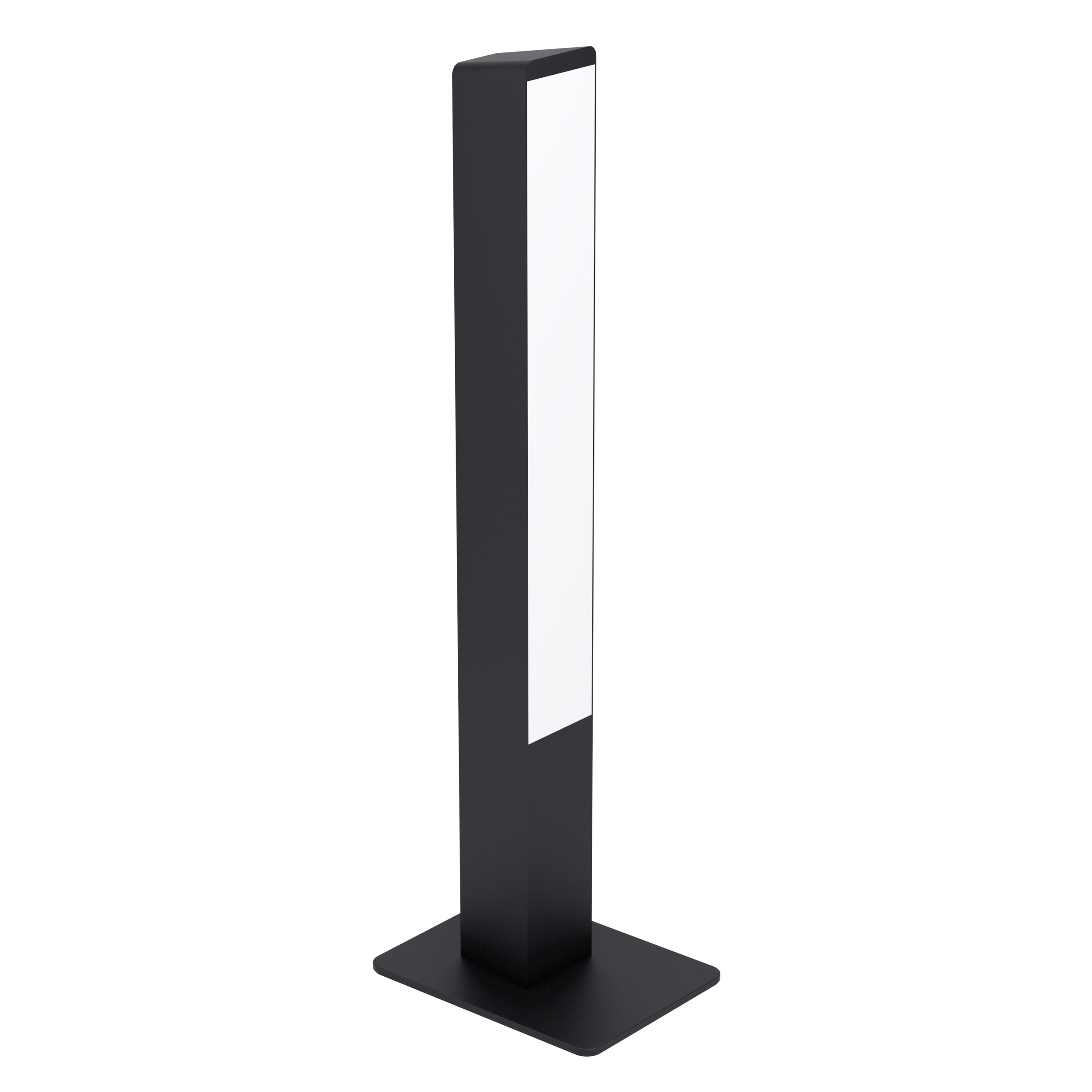 Eine moderne schwarze Außenlampe mit weißem vertikalem Lichtpaneel. Sie hat einen rechteckigen Fuß und eine hohe, schlanke Form.