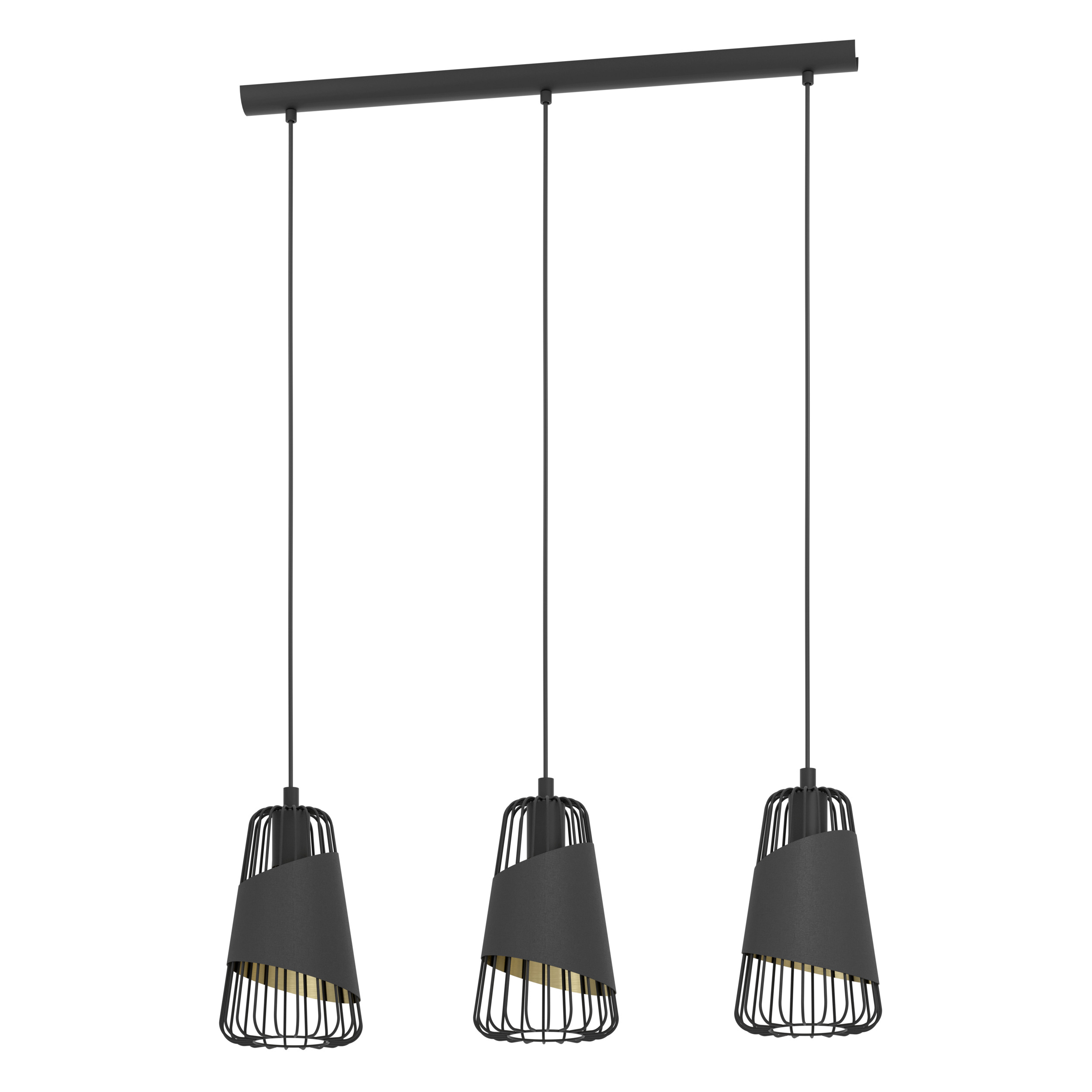 Drei Pendelleuchten. Schwarzer Metallkäfig mit schwarzem Stoffschirm und goldfarbenem Innenraum, von einer schwarzen Stange abgehängt.
