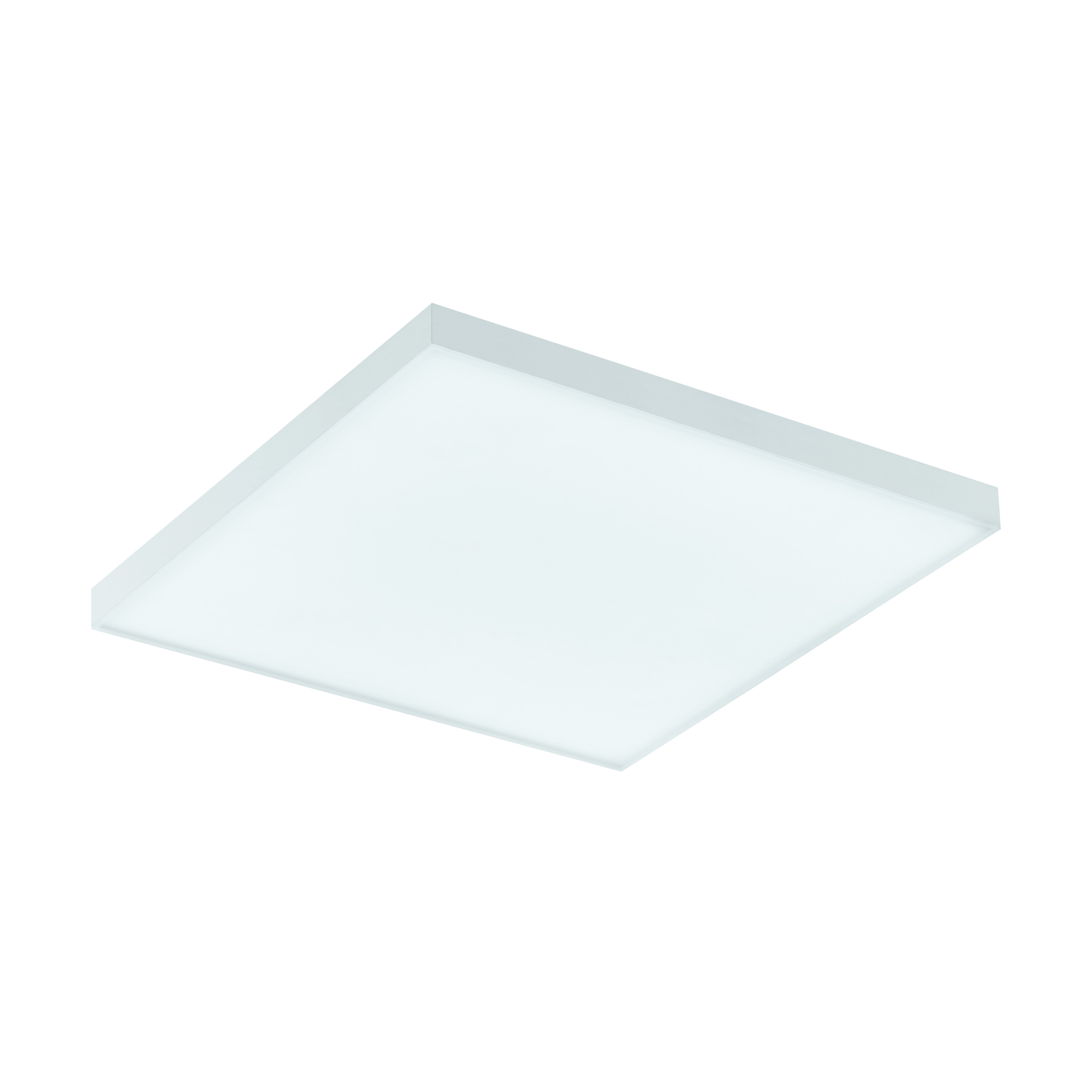Una luz de techo LED cuadrada y blanca. Tiene un marco blanco y un panel de luz blanco brillante.