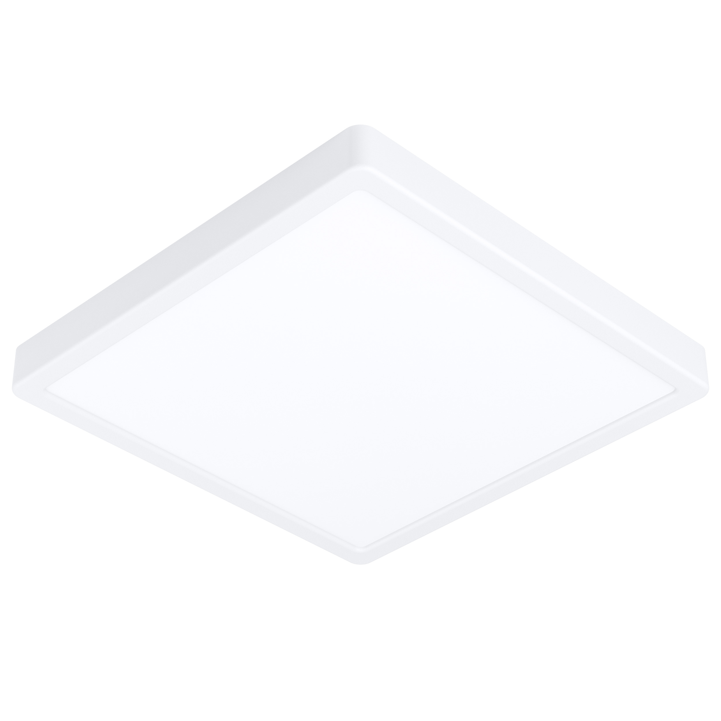 Una plafoniera LED bianca quadrata su sfondo bianco.