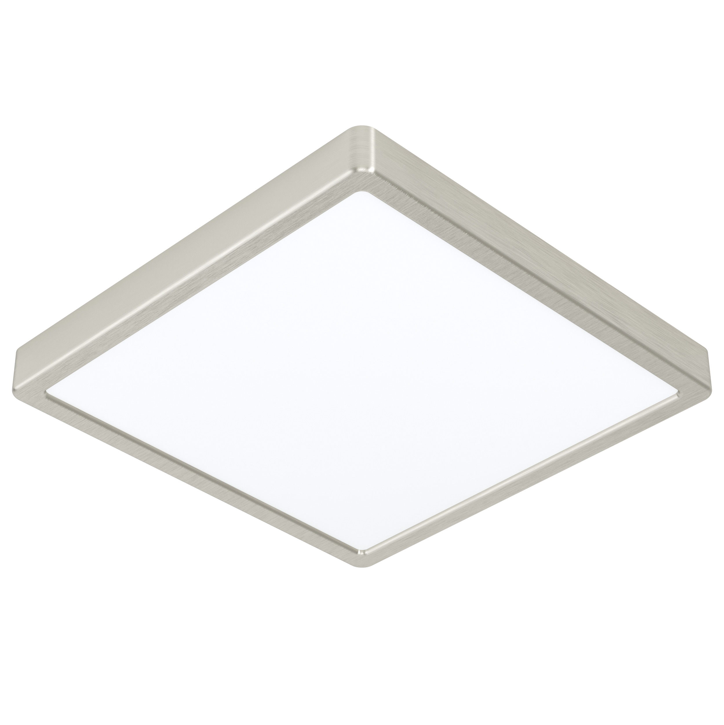 Lampada da soffitto quadrata. Cornice argentata spazzolata con pannello centrale bianco brillante. Isolato su bianco.