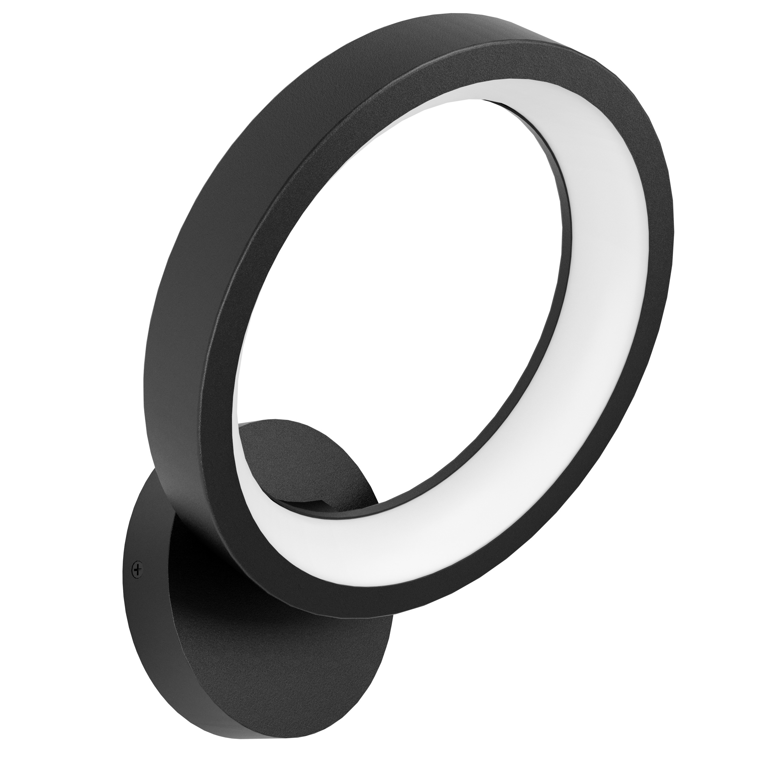 Eine moderne schwarze Wandleuchte mit kreisförmigem, beleuchtetem Design. Das Licht ist weiß. Der Hintergrund ist weiß.
