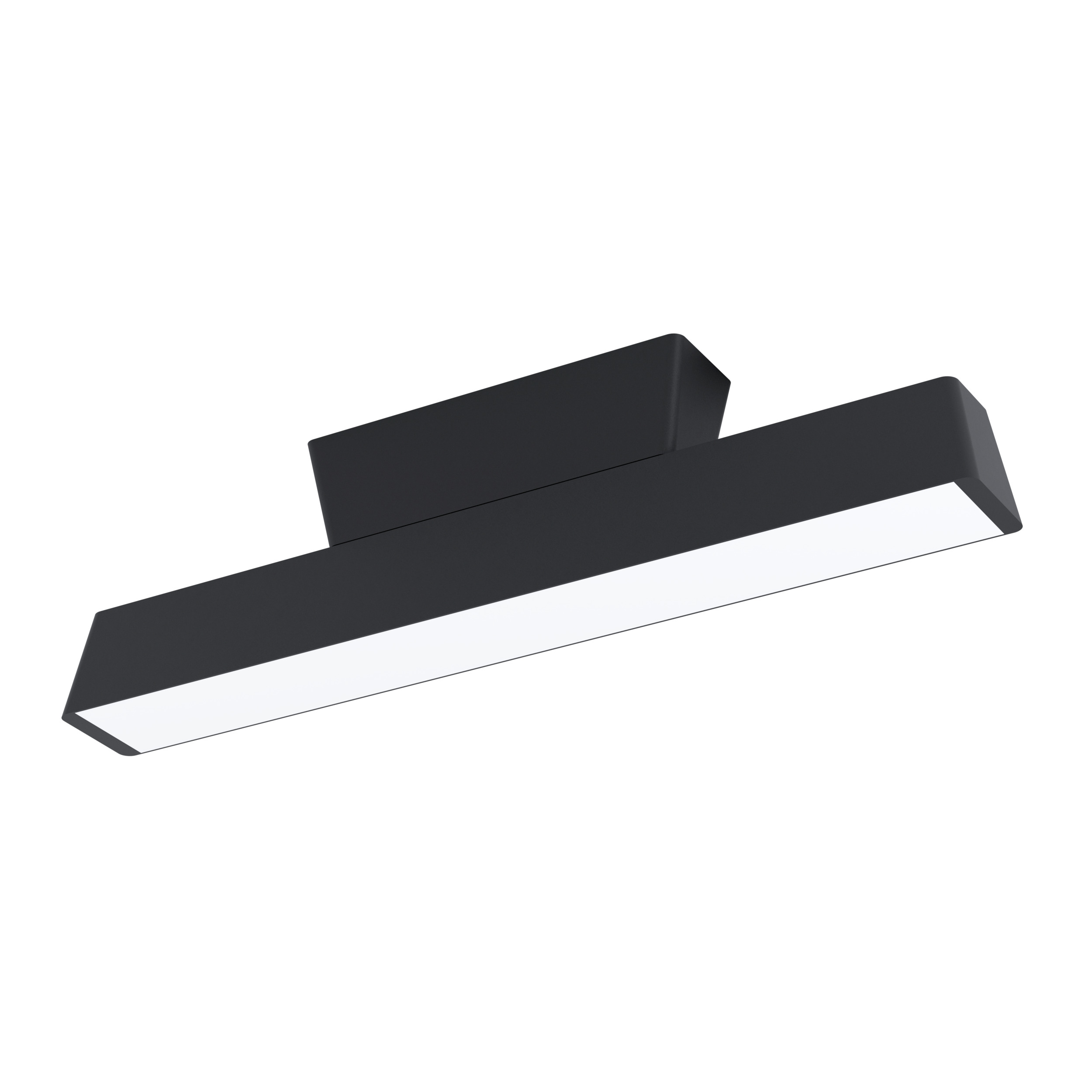 Eine moderne schwarze Leuchte mit rechteckiger Form und heller, weißer Lichtquelle auf weißem Hintergrund.
