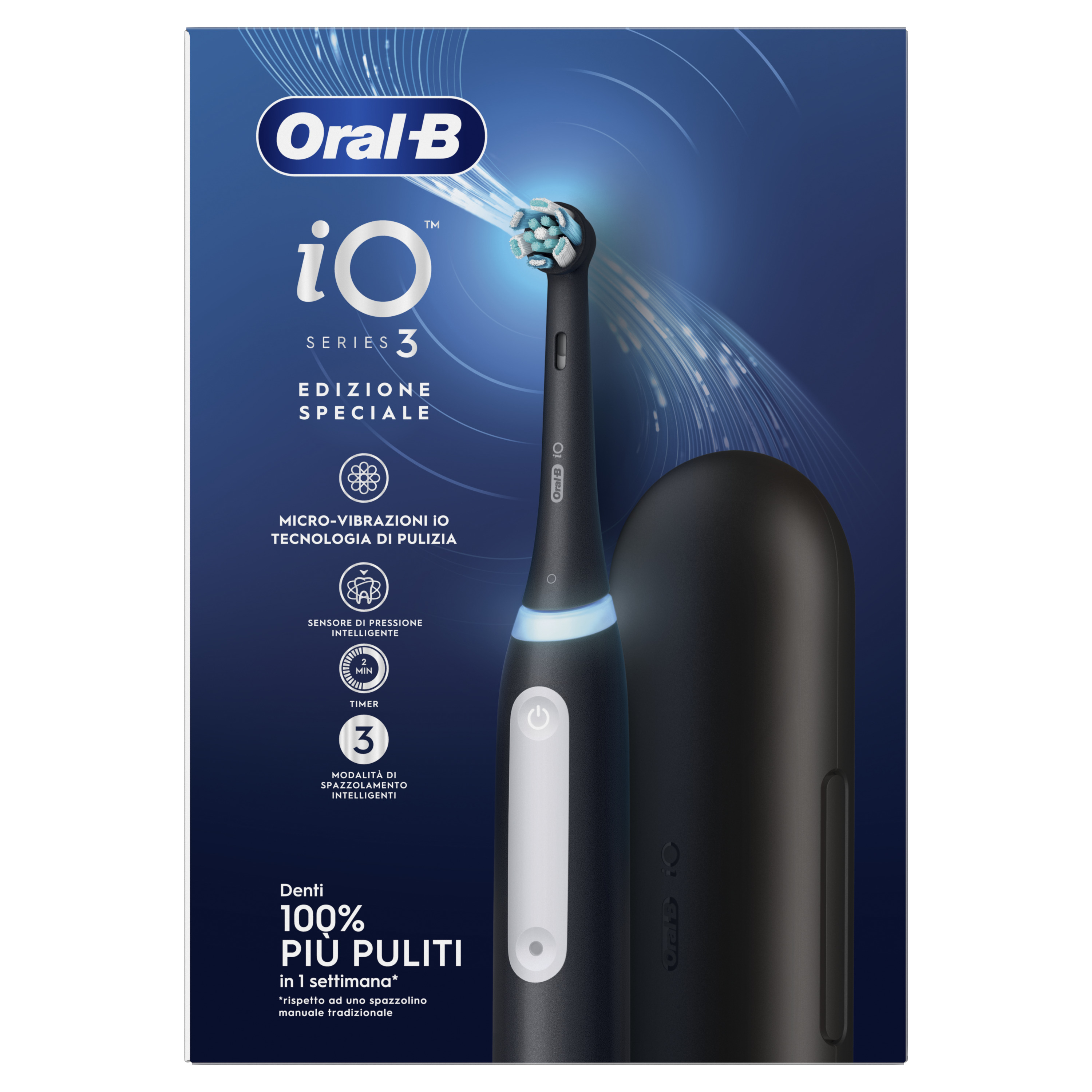 Une brosse à dents électrique noire Oral-B iO Series 3 avec socle de chargement sur fond bleu.
