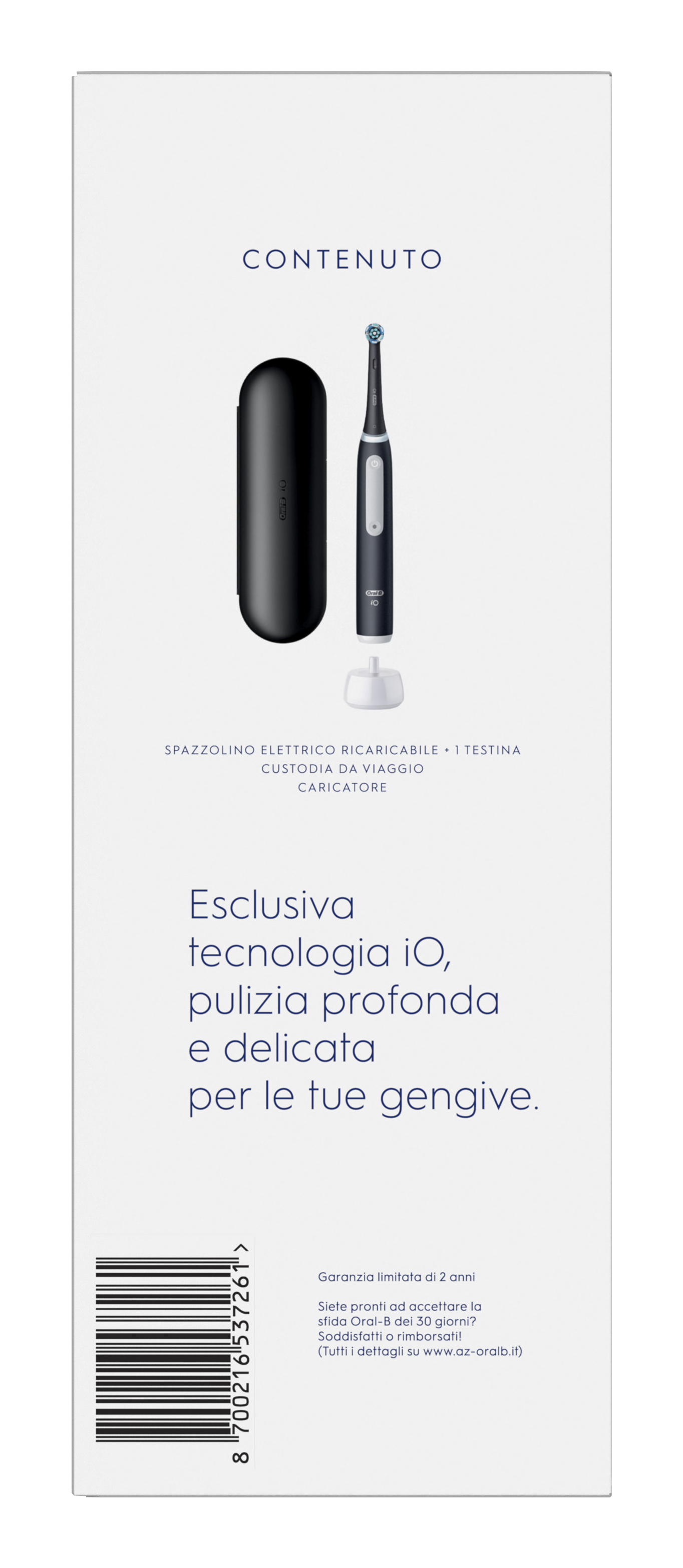 Image d'une brosse à dents électrique Oral-B iO, étui de voyage et chargeur. Souligne le nettoyage doux avec la technologie iO.