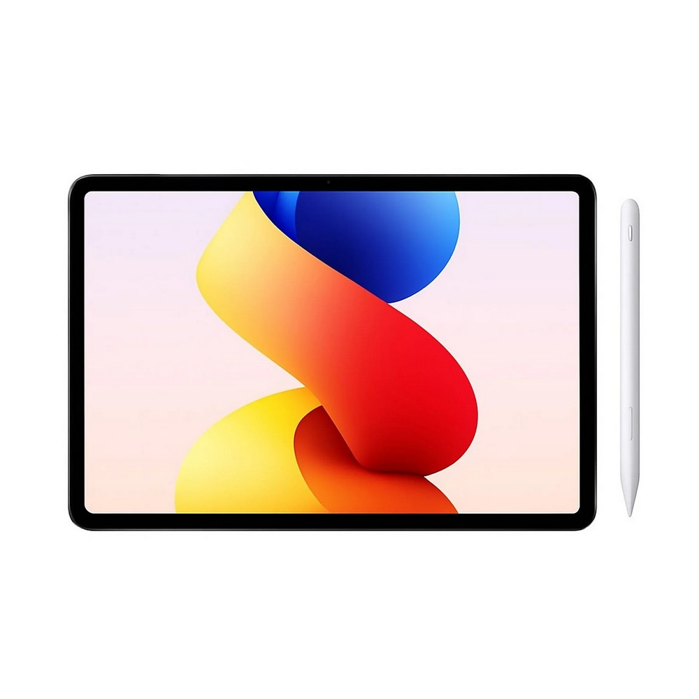 Tablet mit farbenfrohem, abstraktem Display und weißem Stift auf weißem Hintergrund.