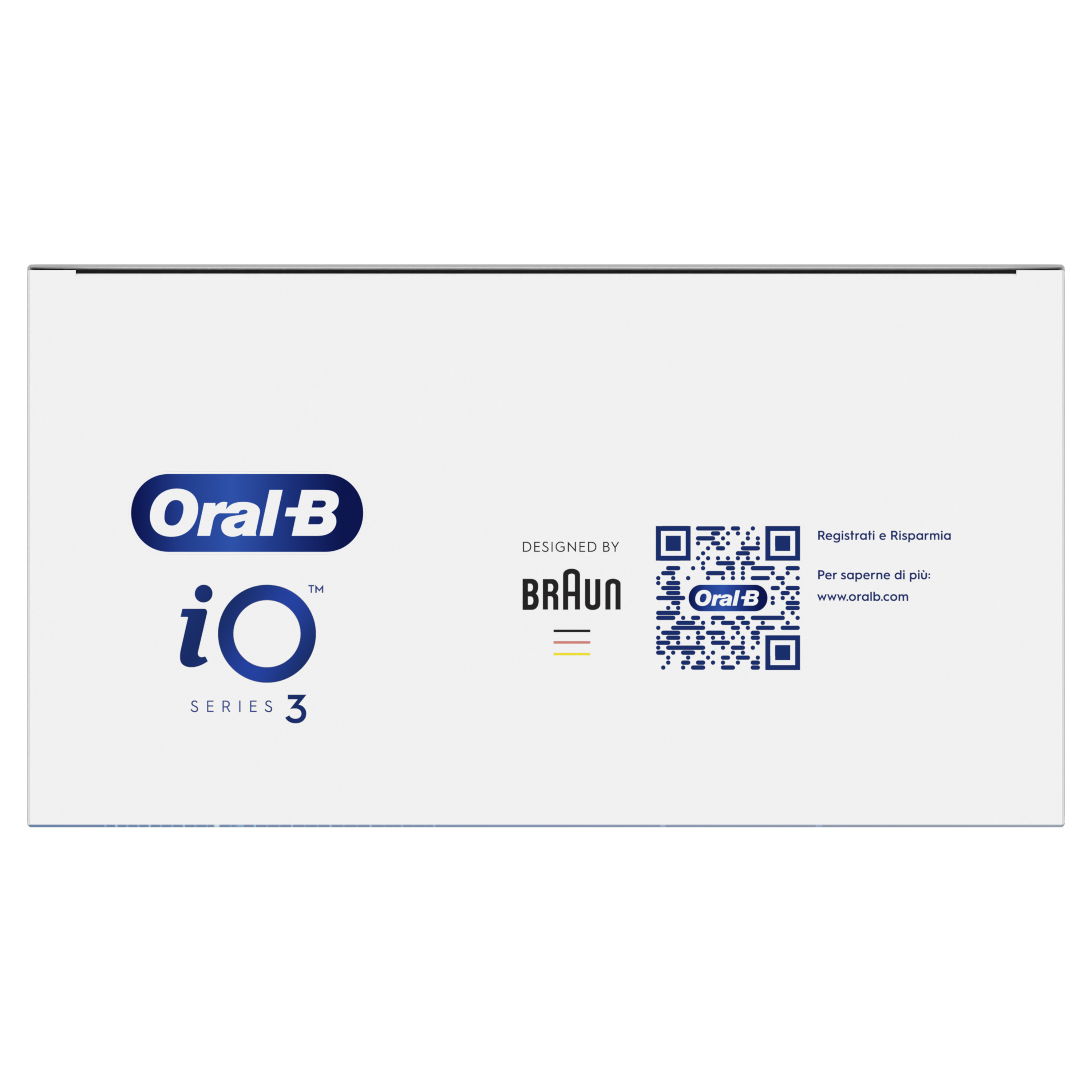 Emballage blanc avec logo Oral-B et 'iO Series 3'. Conçu par Braun. Codes QR et texte à droite.