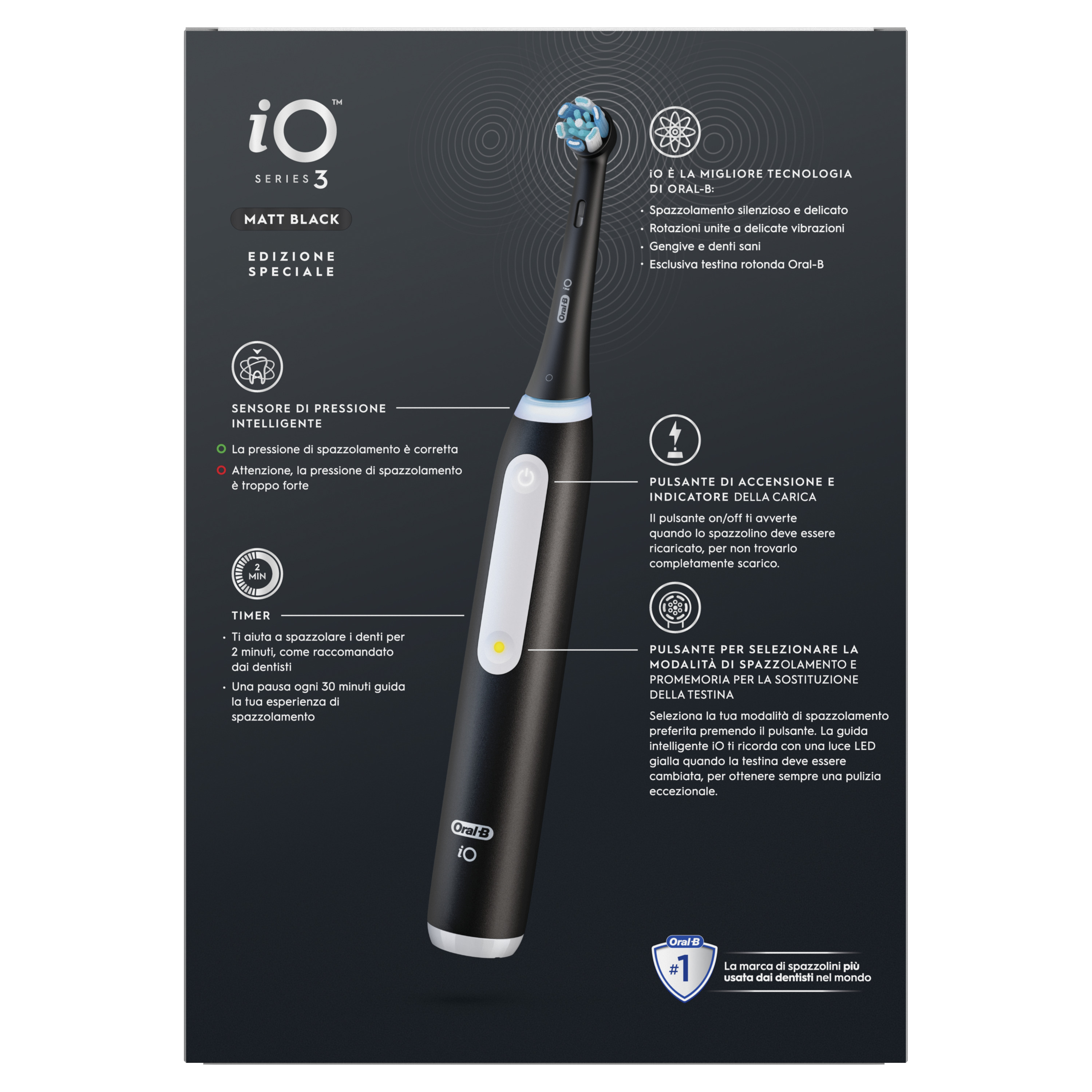 Brosse à dents noire Oral-B iO Series 3 avec tête ronde. Le texte latéral détaille les caractéristiques et avantages.