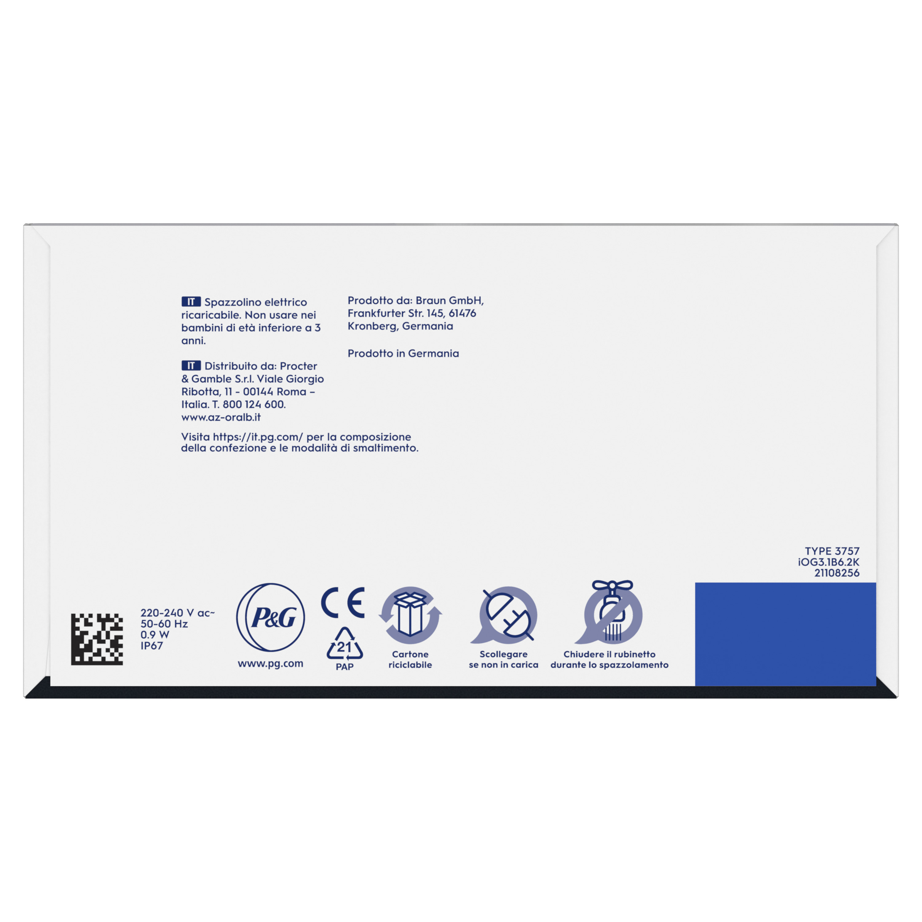 Boîte blanche avec texte et icônes, dont une image de brosse à dents. Logo P&G et symboles de recyclage présents.