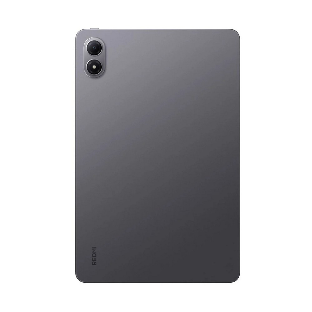 Rückseite eines grauen Redmi-Tablets. Es hat zwei Kameralinsen oben links. Das Redmi-Logo befindet sich unten.