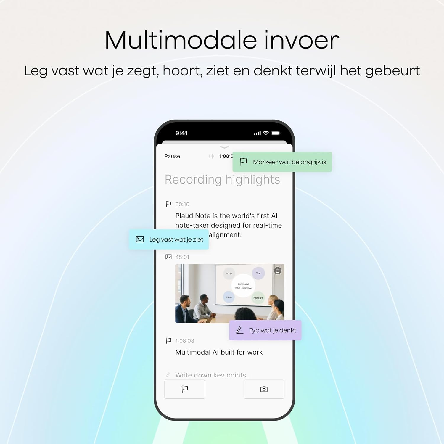 Een telefoonscherm toont een app met opname-highlights. Tekst bevat 'Multimodaal AI' en 'Leg vast wat je ziet'.