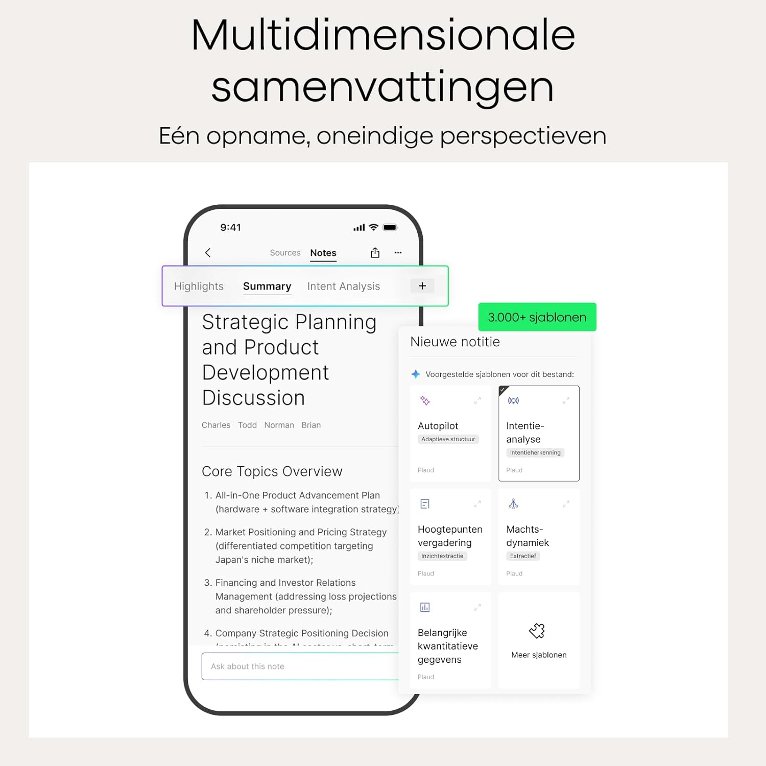 Een telefoonscherm geeft een strategisch planningsdocument weer. Tekst bevat koppen en opsommingstekens. Er zijn ook knoppen en pictogrammen.