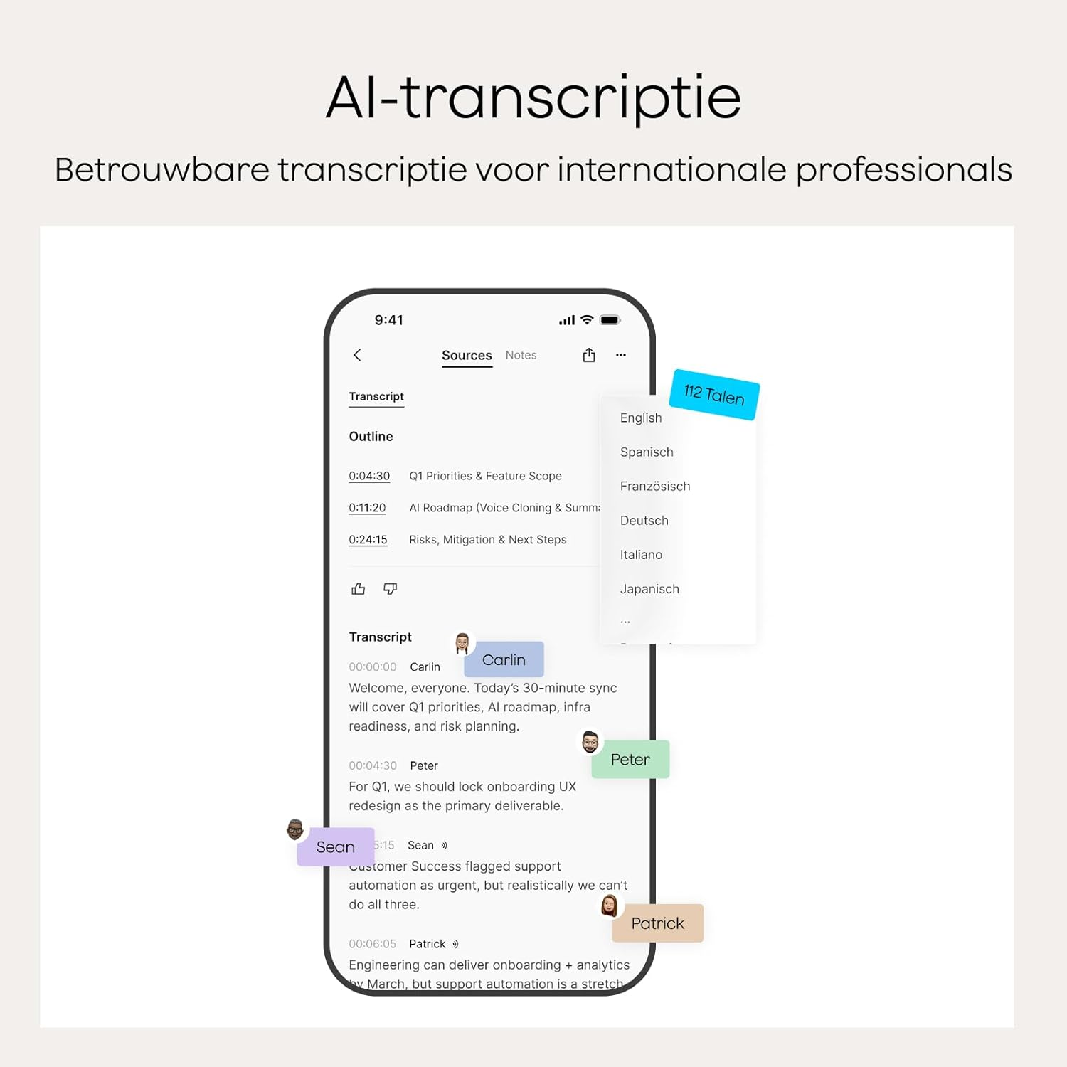Een telefoon toont een transcriptie-app. Het toont tekst en sprekernamen met vertaalopties.