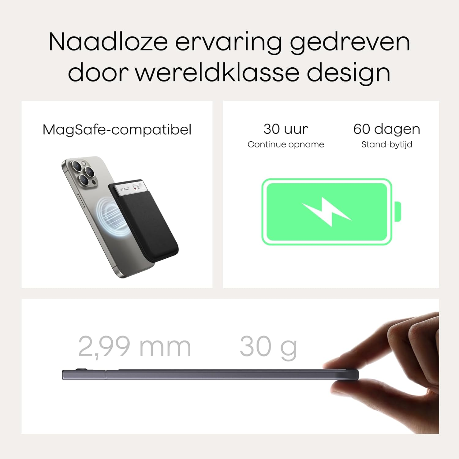 Afbeelding toont een telefoon met een zwarte kaart, een batterij-icoon en een hand die een slank apparaat vasthoudt. Tekst bevat afmetingen en gebruikstijd.