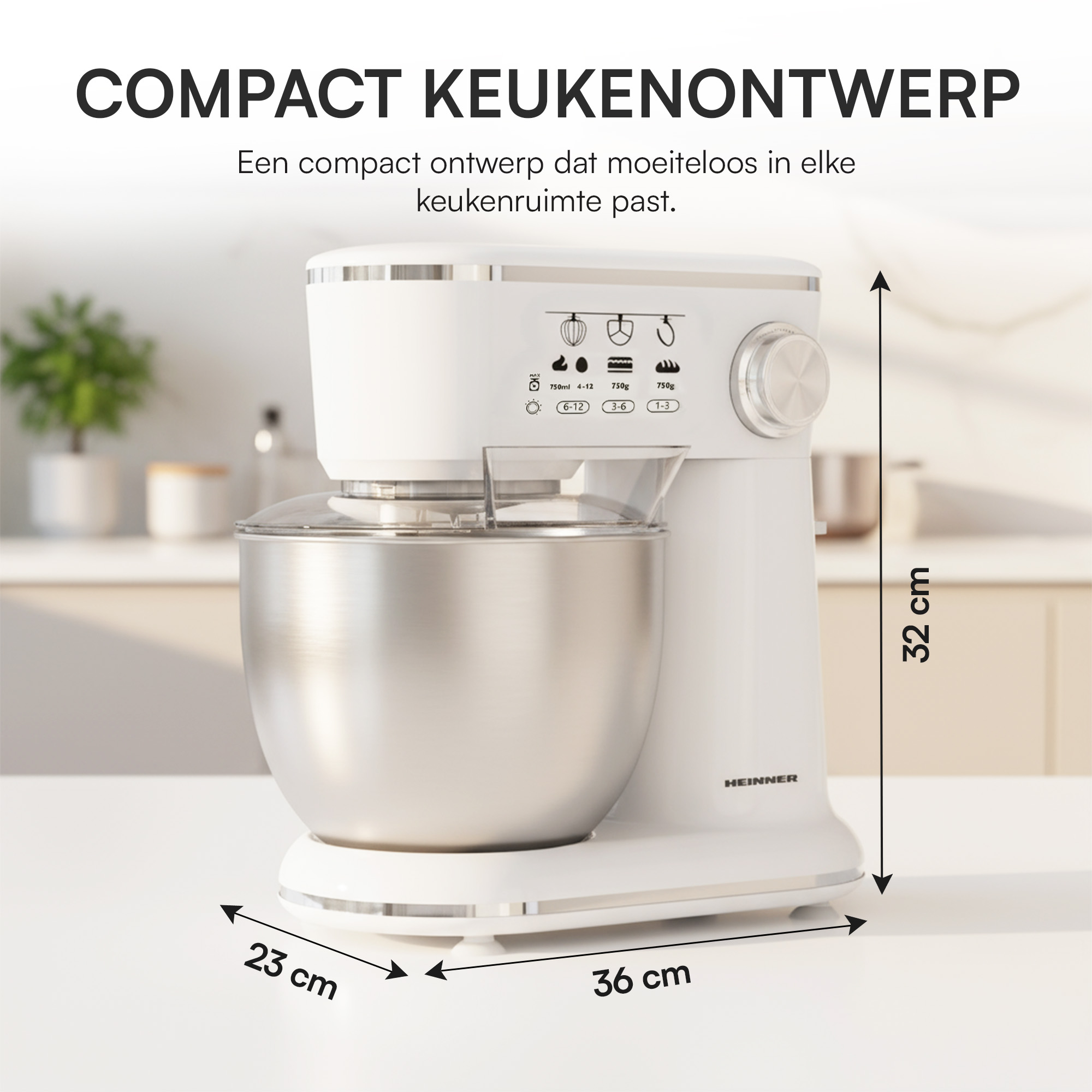 Een witte keukenmixer met een roestvrijstalen kom wordt getoond. Afmetingen zijn aangegeven. De achtergrond is een keuken.
