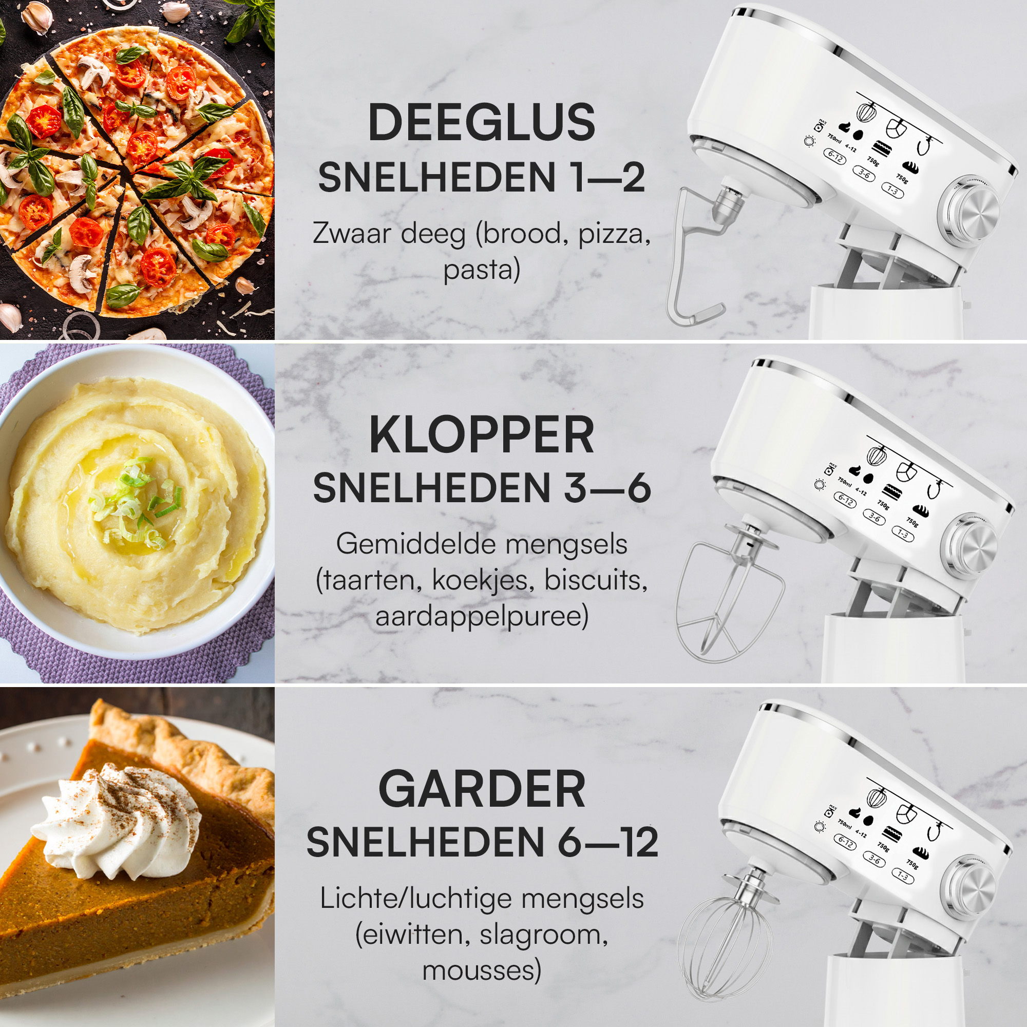 De afbeelding toont pizza, aardappelpuree en een stuk taart met een witte mixer. Tekst beschrijft mengsnelheden.