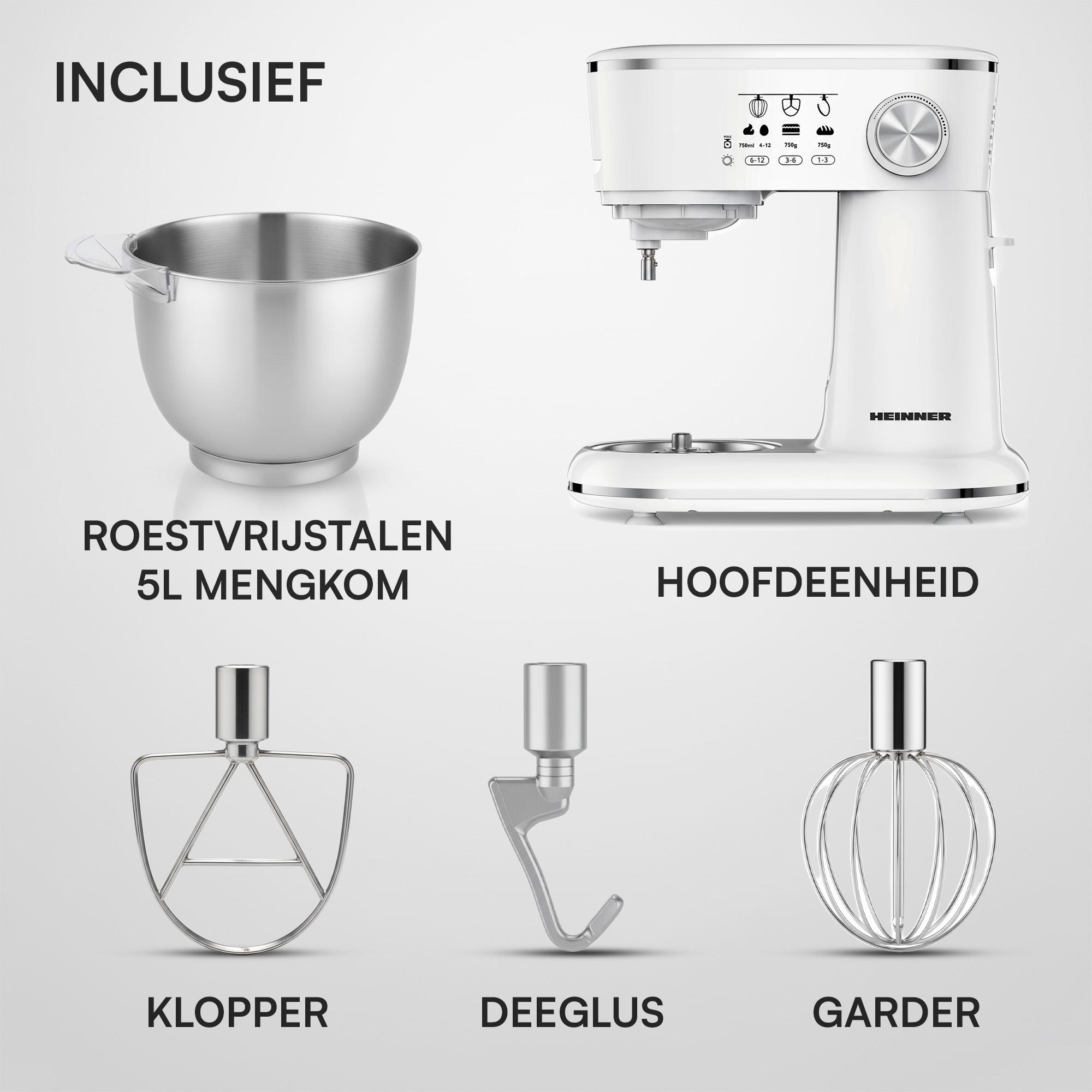 Een witte keukenmachine met accessoires: kom, garde, deeghaak en klopper. Nederlandse teksten.
