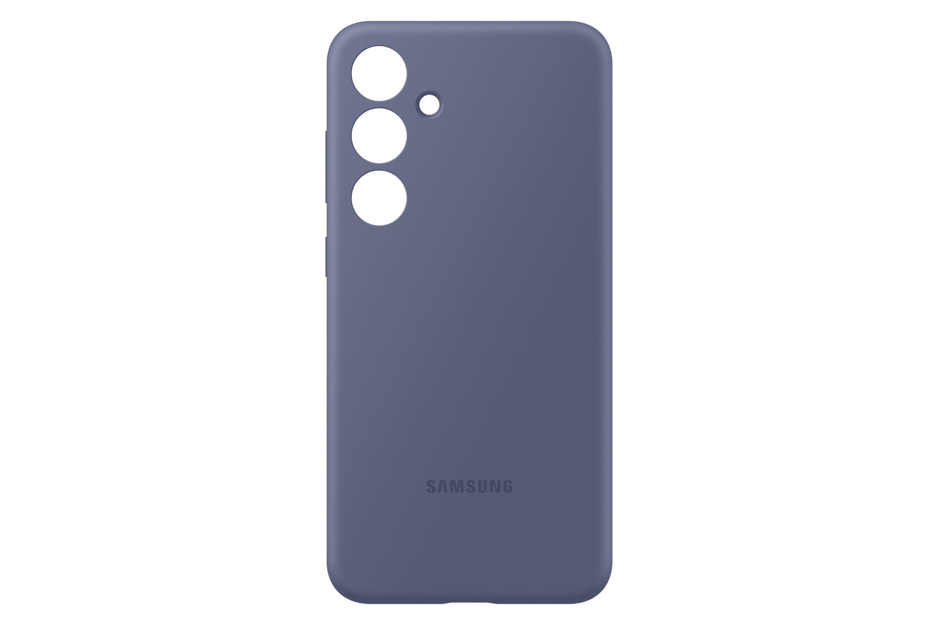 Een paarse telefoonhoes met drie cameralenzen en het Samsung-logo.