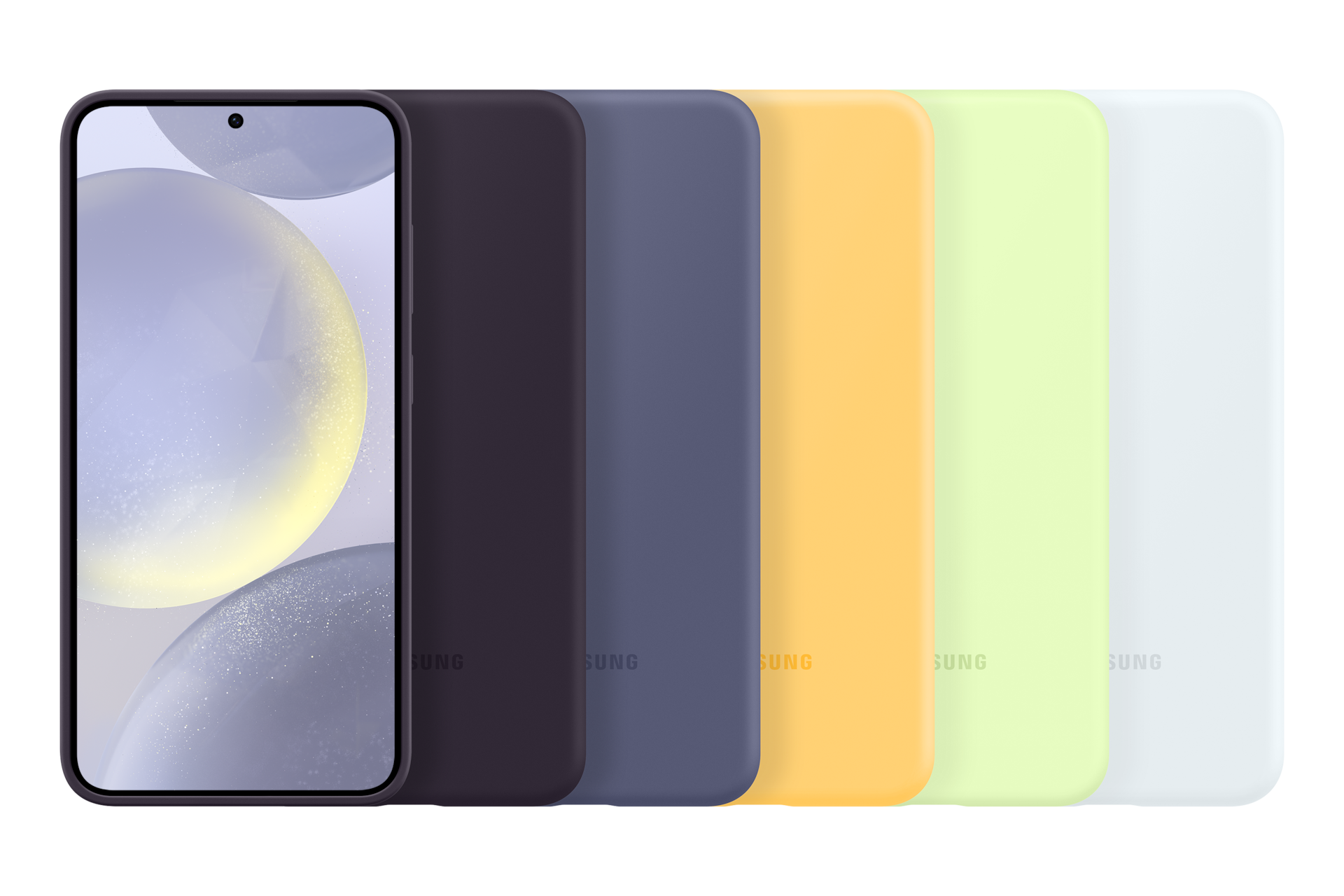 Een smartphone met abstracte vormen op het scherm en zes telefoonhoesjes in verschillende kleuren.