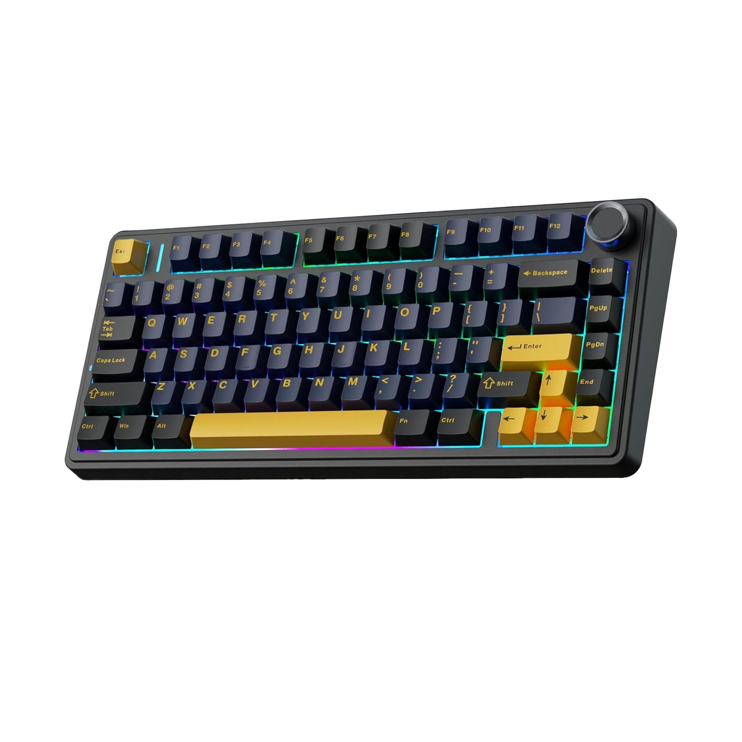 Eine schwarze mechanische Tastatur mit goldenen und blauen Tasten. Sie hat einen Lautstärkeregler und Funktionstasten.