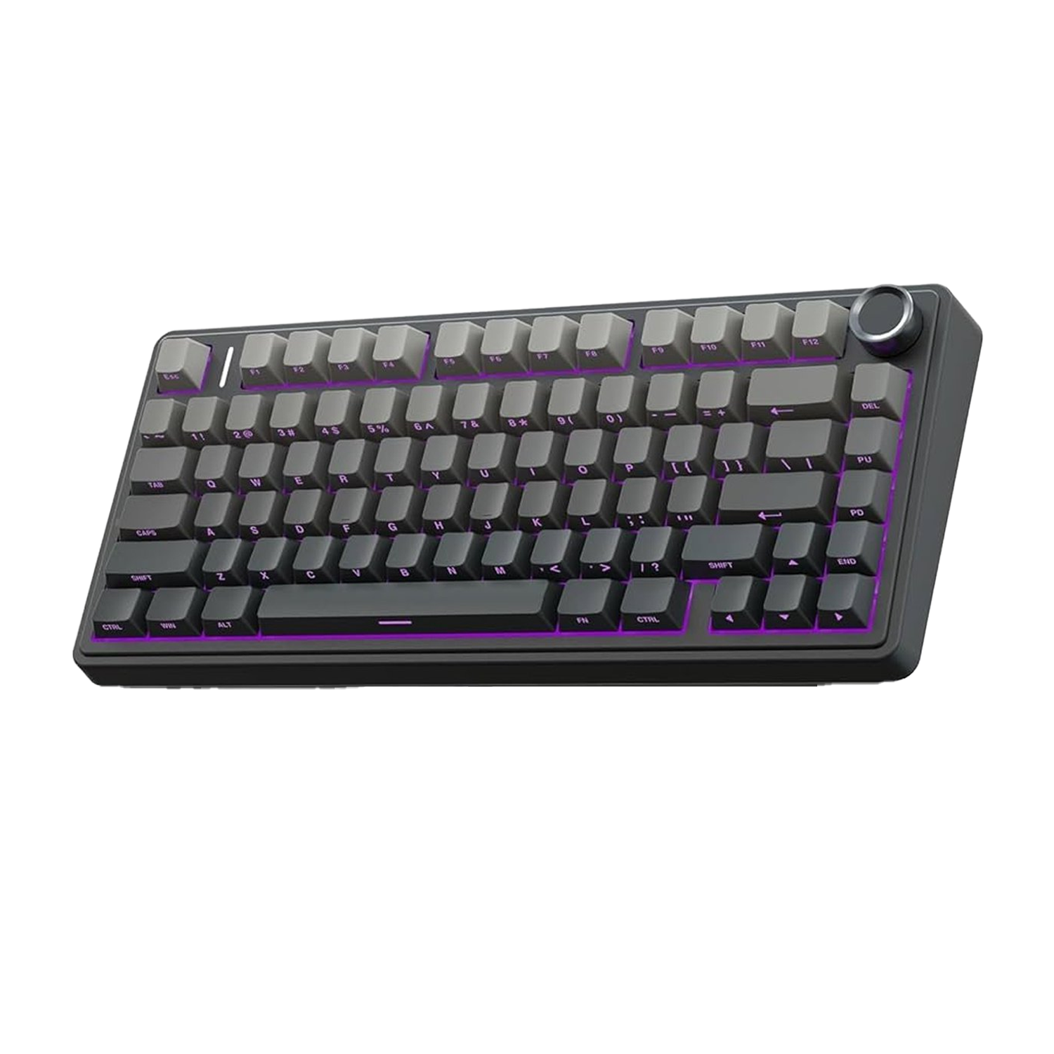 Eine graue mechanische Tastatur mit grauen und hellgrauen Tasten und lila Unterbeleuchtung. Sie hat einen Lautstärkeregler.